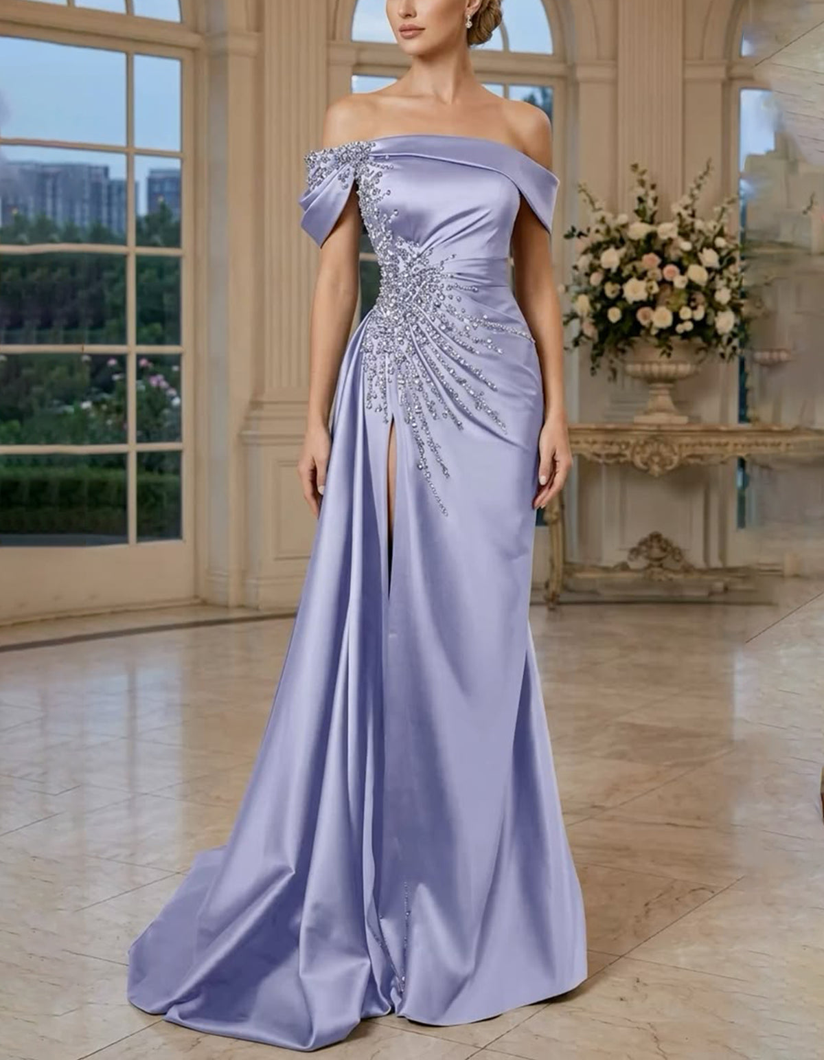 Rochie maxi bordo din satin, cu umerii goi și crăpătură înaltă