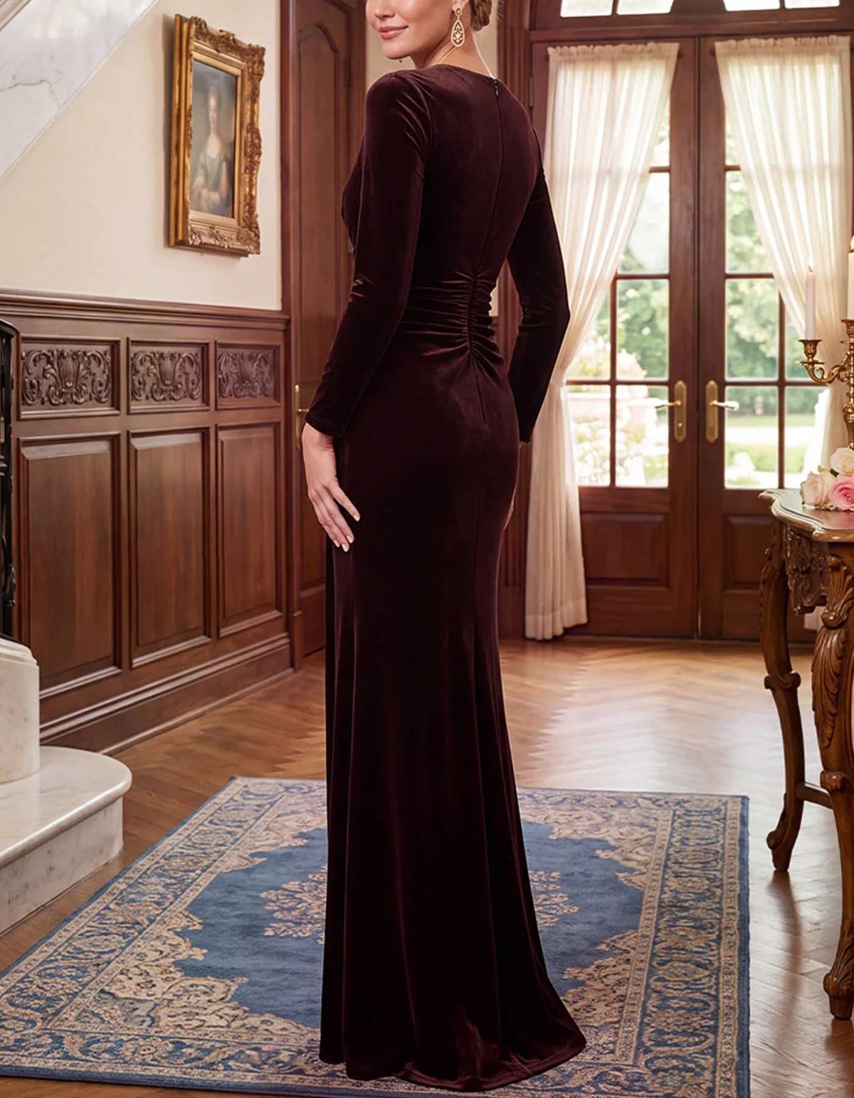 Russet V Neck Long Sleeve Velvet Maxi Dress