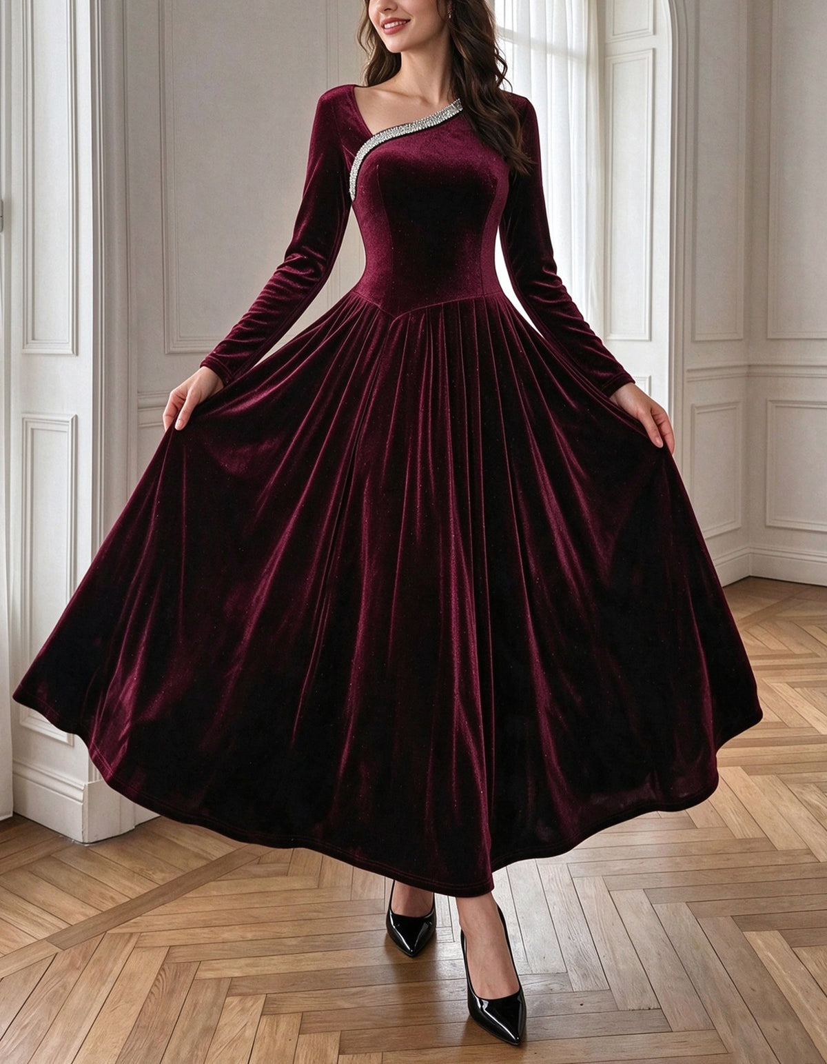Bordeauxrotes Samt-Midikleid