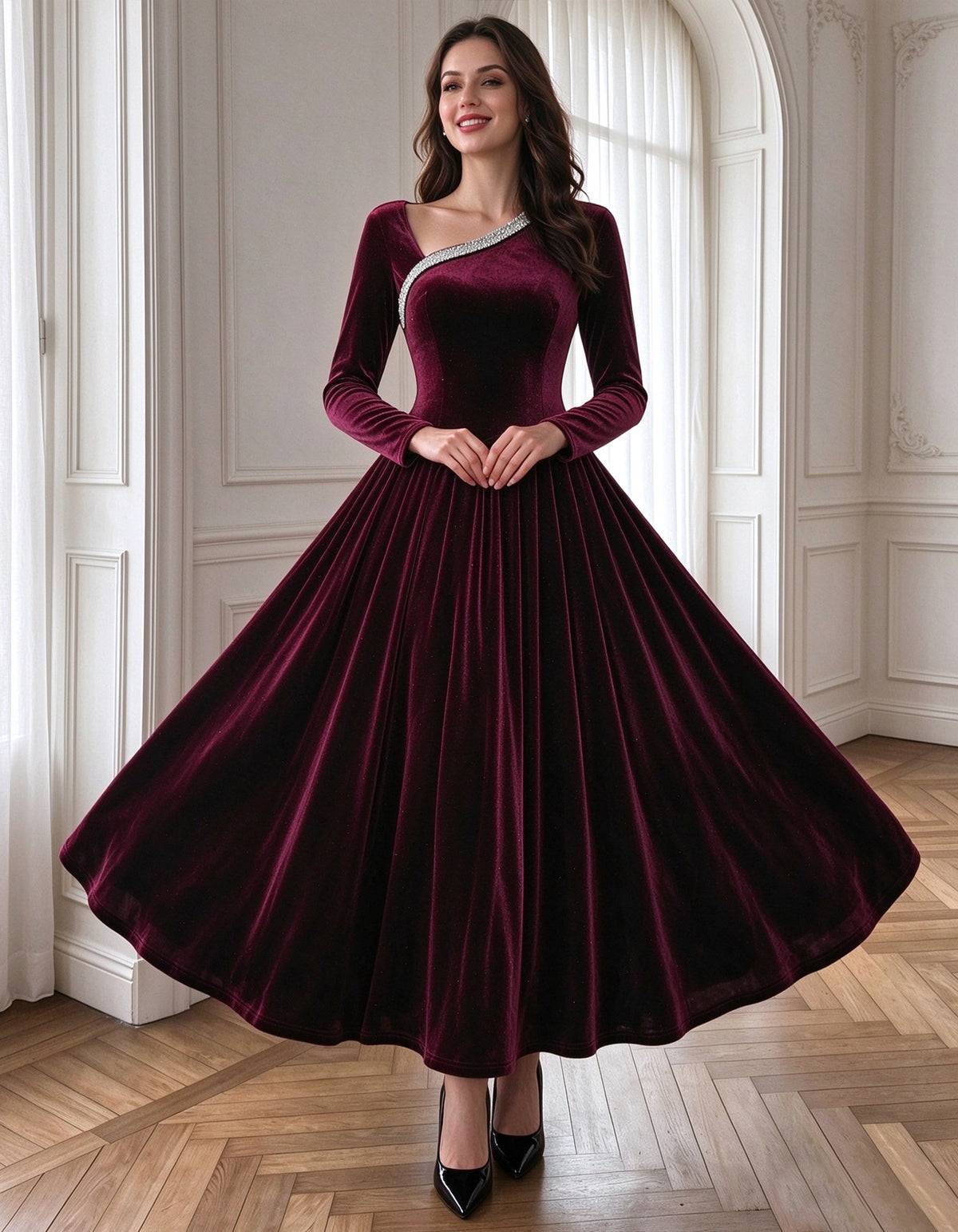 Bordeauxrotes Samt-Midikleid