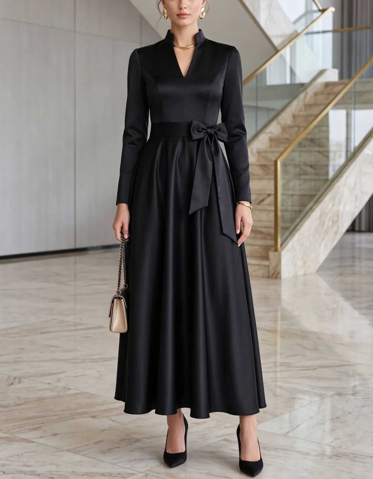 Vestido midi de cetim com gola subida, decote em V e mangas compridas