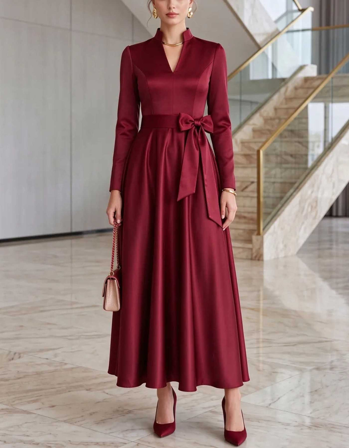 Vestido midi de cetim com gola subida, decote em V e mangas compridas