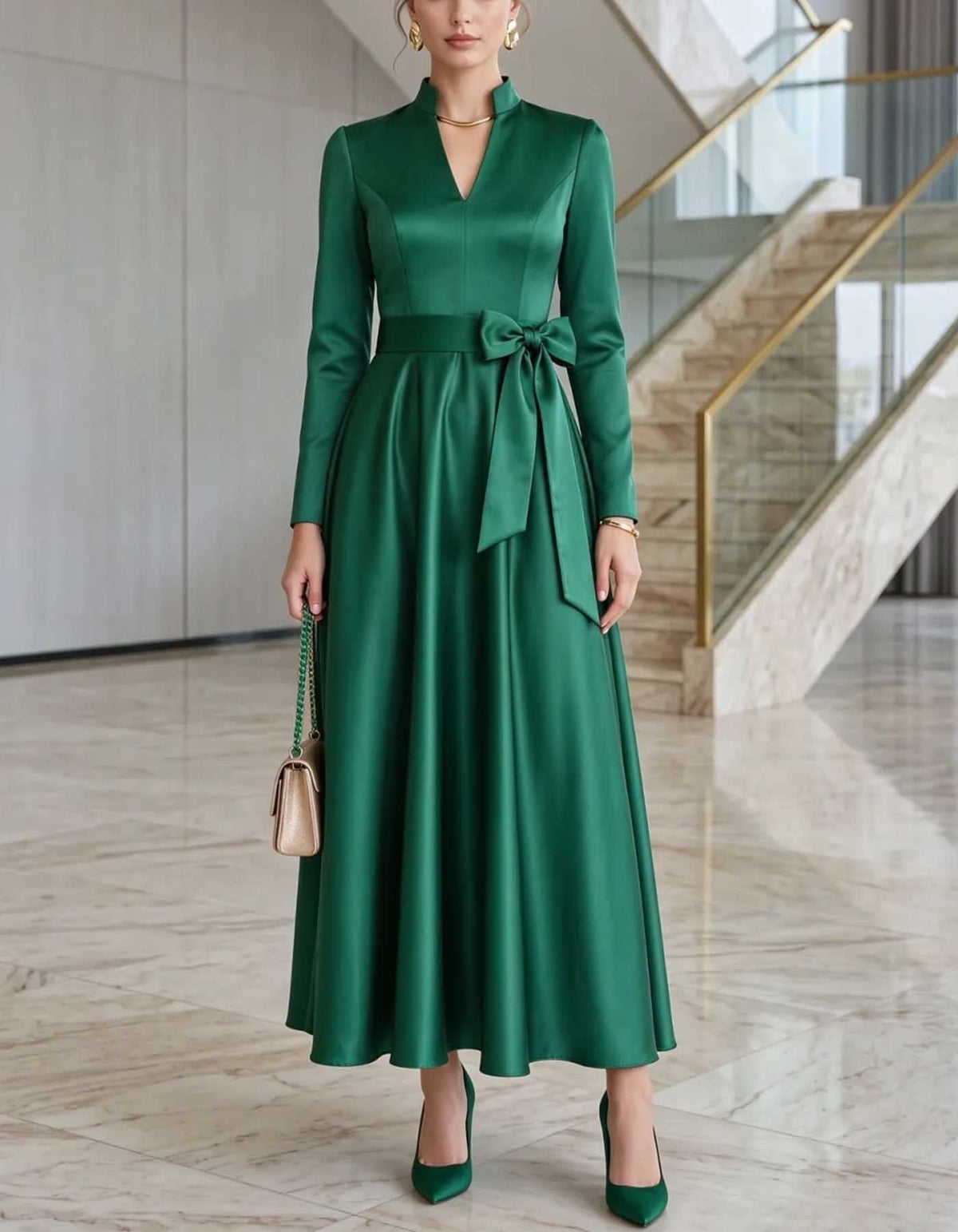 Vestido midi de cetim com gola subida, decote em V e mangas compridas