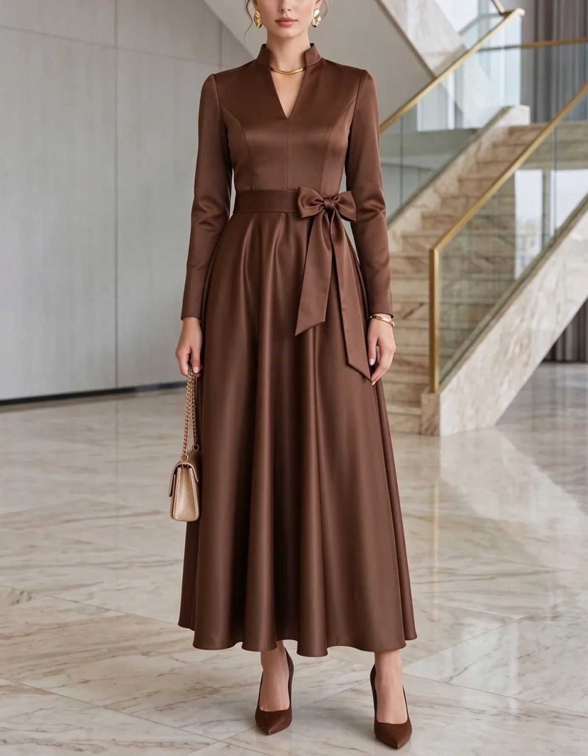 Vestido midi de cetim com gola subida, decote em V e mangas compridas