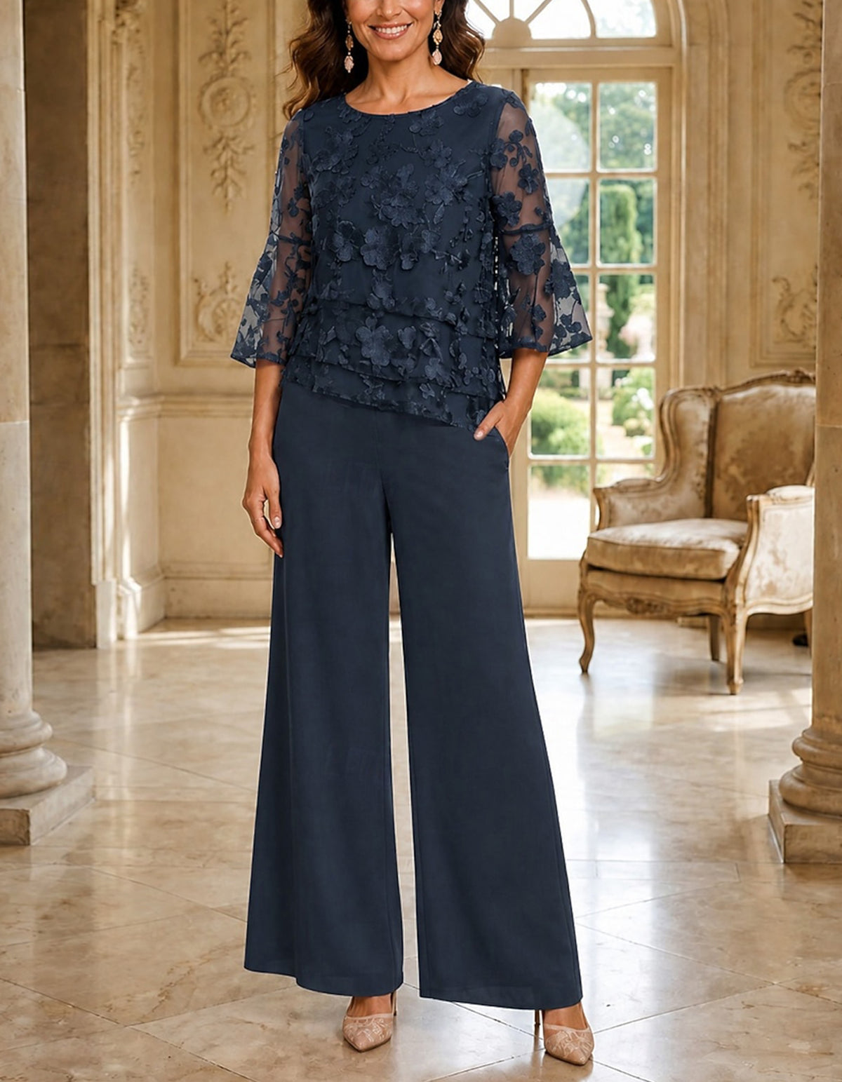 Navy Blue Lace And Chiffon Jumpsuit