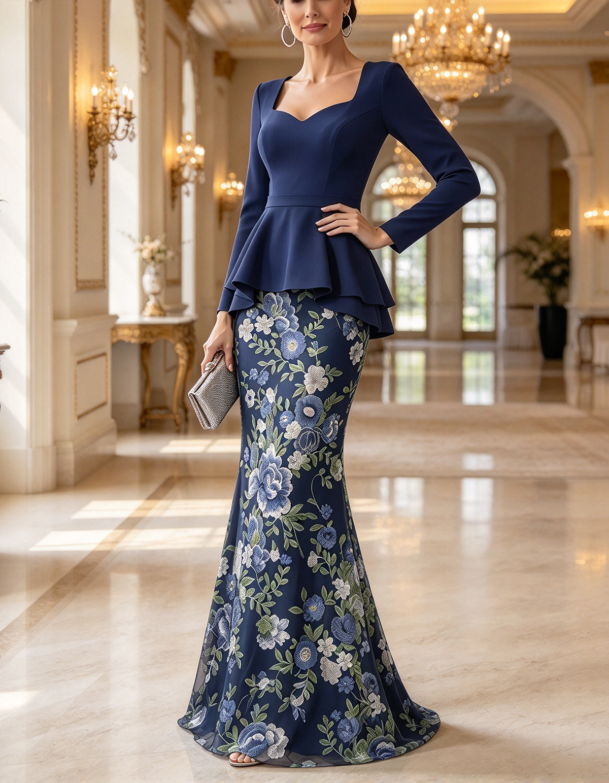 Marineblaues Maxikleid in Meerjungfrauenform aus Tüll mit Schößchen und Blumenstickerei
