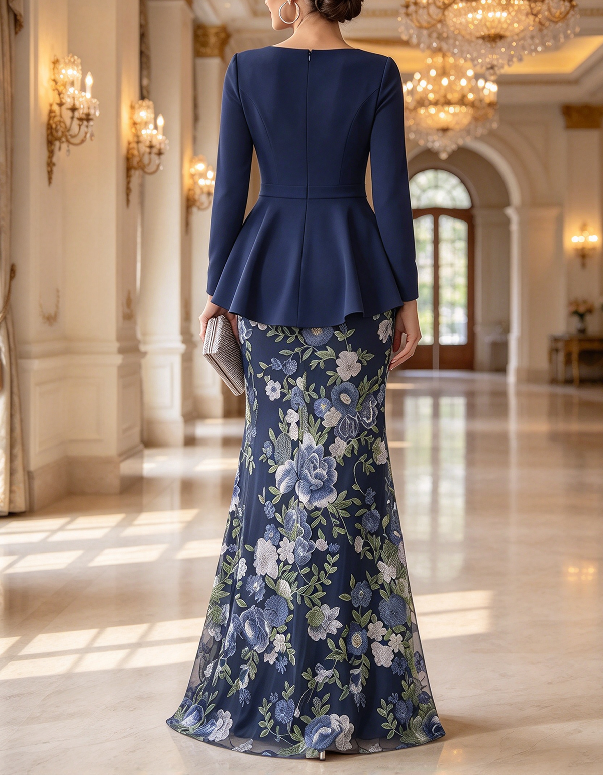 Marineblaues Maxikleid in Meerjungfrauenform aus Tüll mit Schößchen und Blumenstickerei