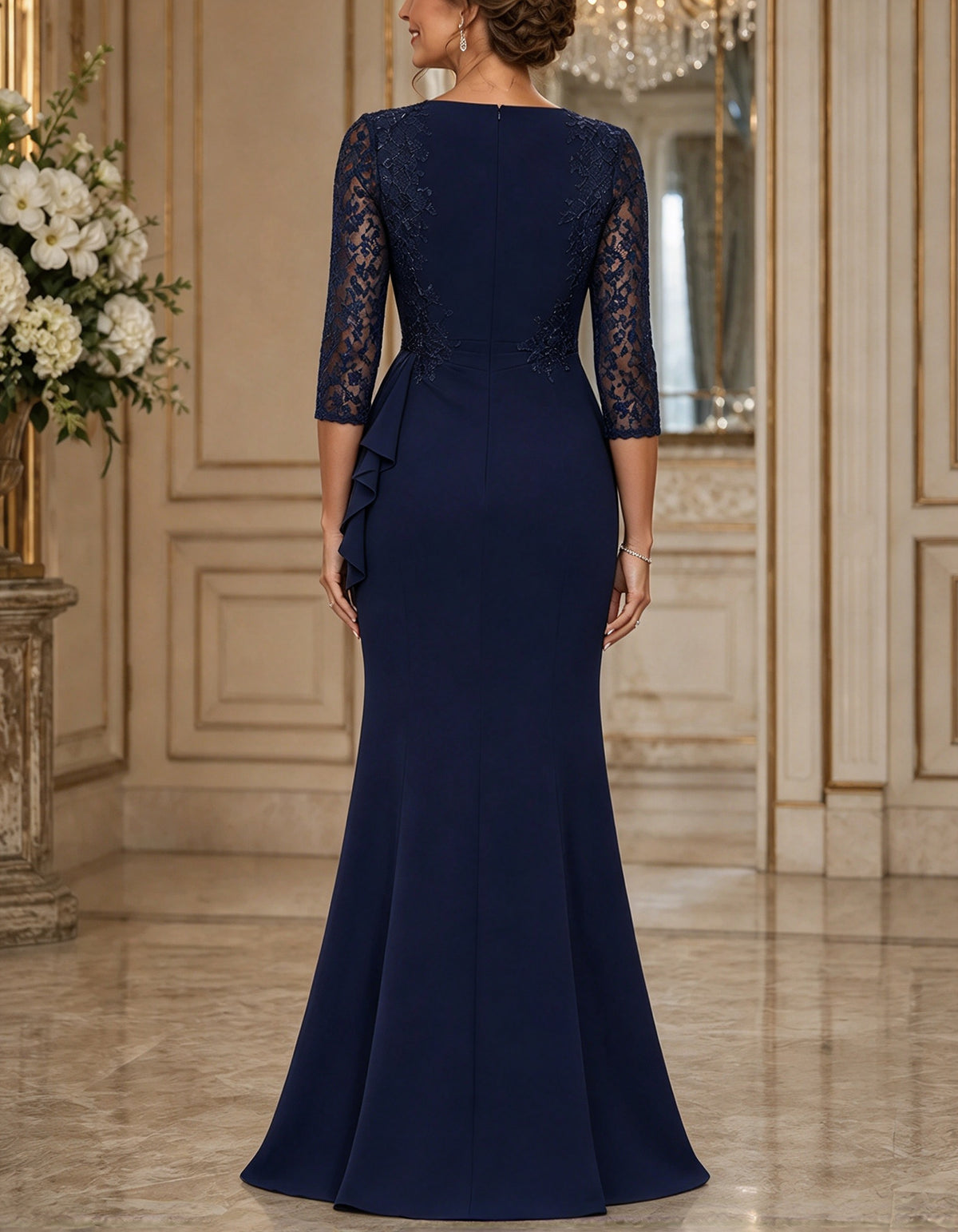 Rochie maxi sirenă din crep bleumarin, cu decolteu pătrat și mâneci din dantelă