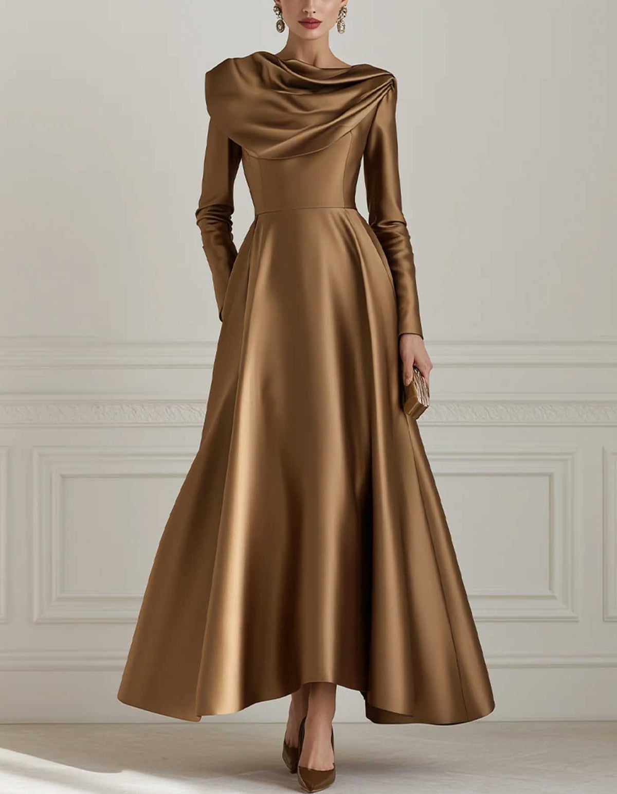 Vestido maxi de cetim em linha A, com decote drapeado e mangas compridas