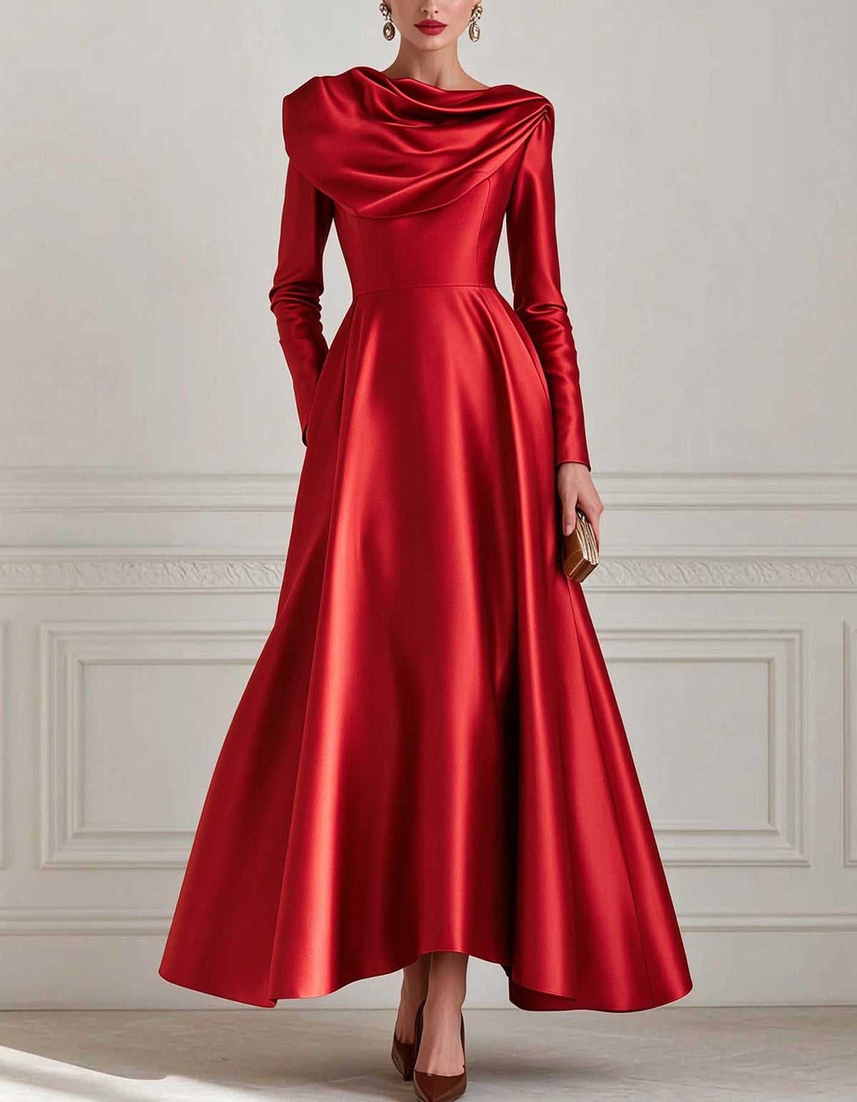 Vestido maxi de cetim em linha A, com decote drapeado e mangas compridas