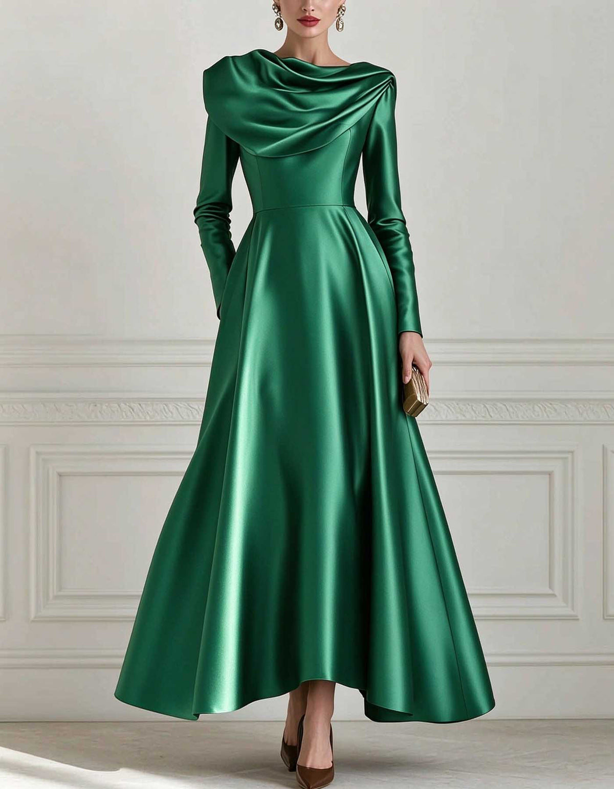 Vestido maxi de cetim em linha A, com decote drapeado e mangas compridas