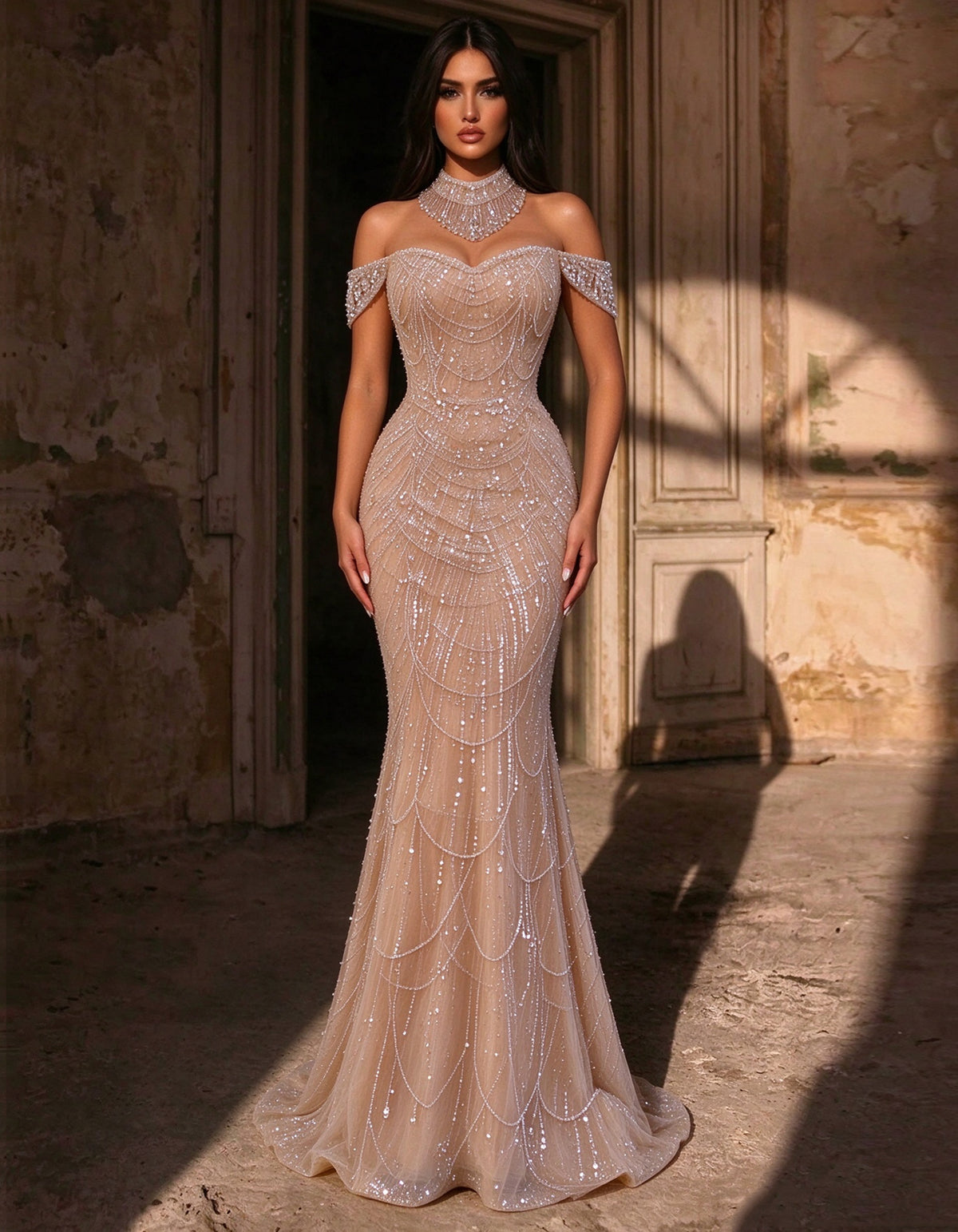 Champagnerfarbenes Abendkleid mit Perlen