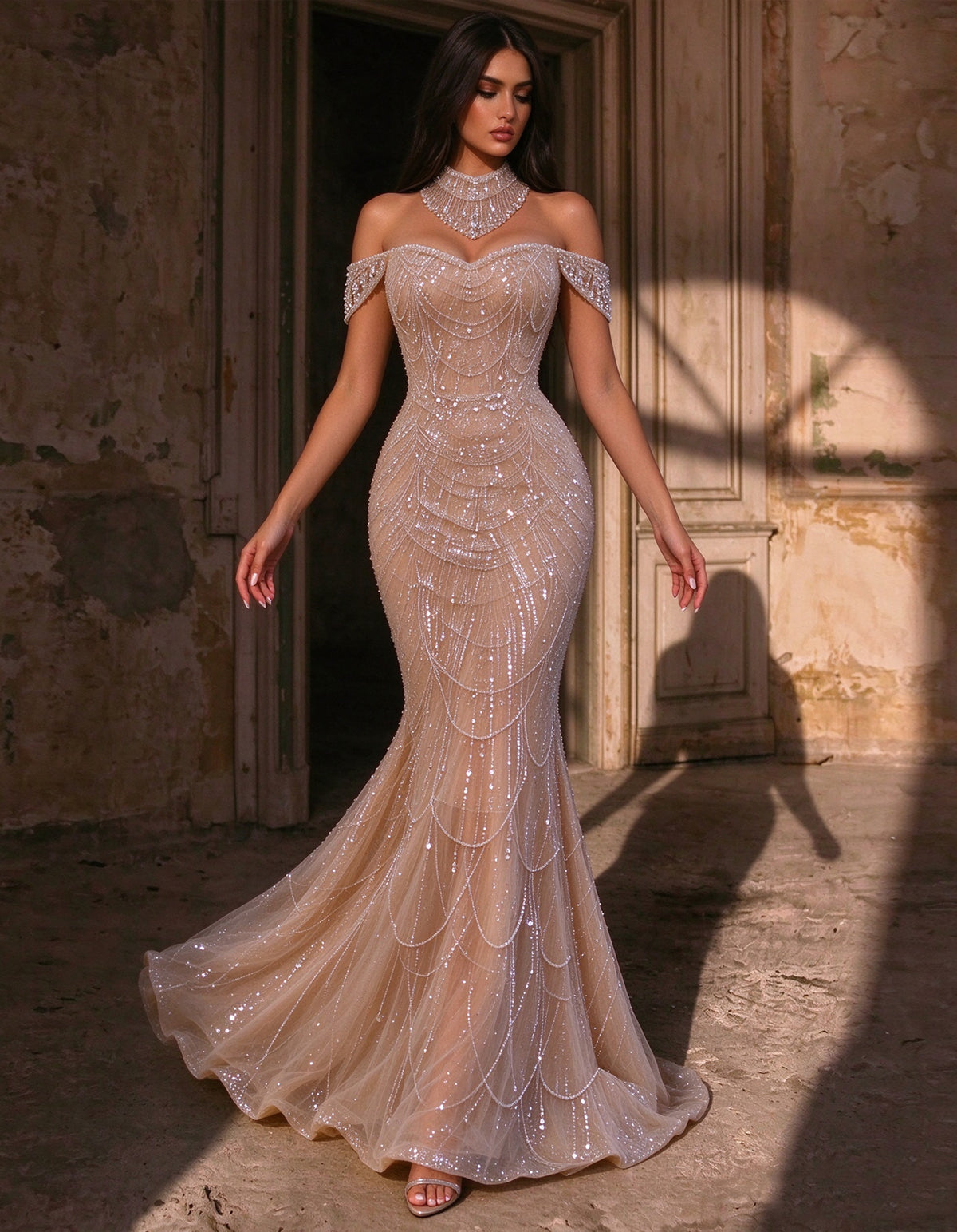 Champagnerfarbenes Abendkleid mit Perlen