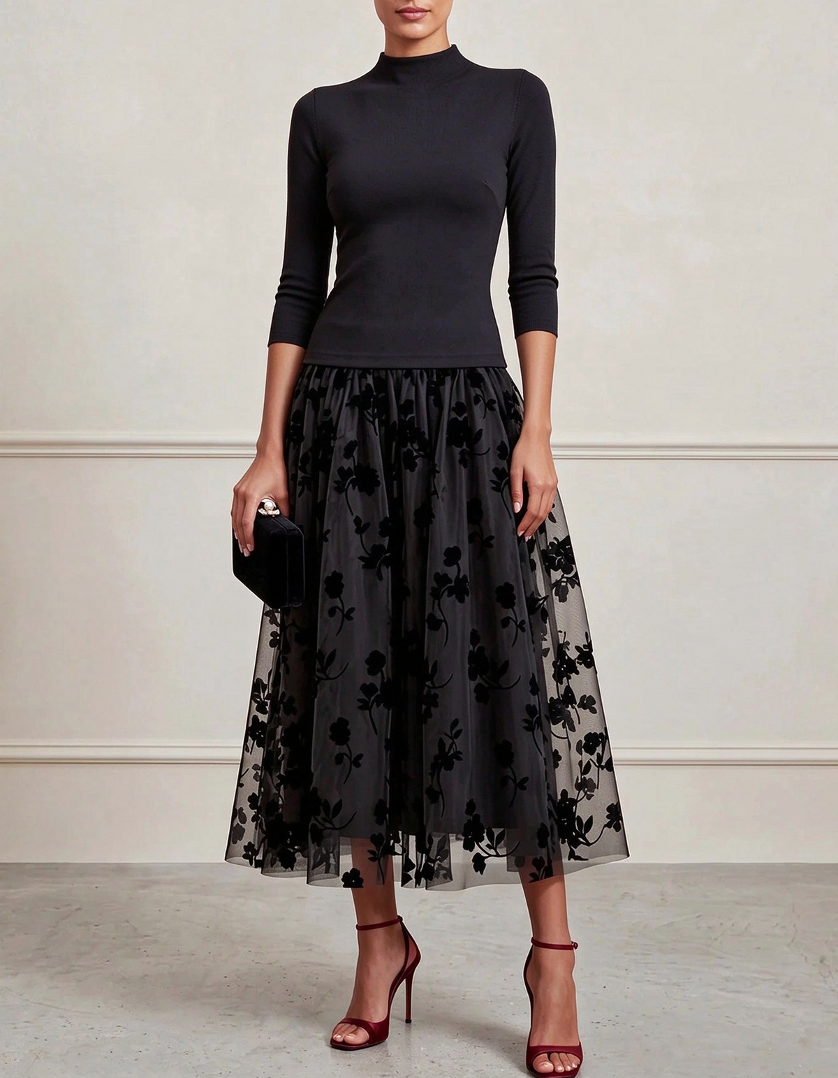 Midi-jurk van tule met bloemen, hoge hals en 3/4-mouwen