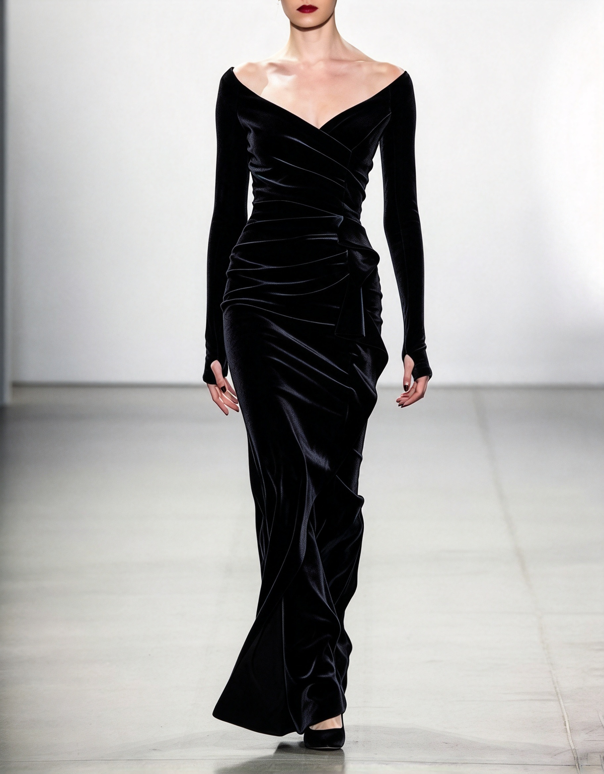 Vestido de noche largo de terciopelo con hombros descubiertos, mangas largas y corte sirena