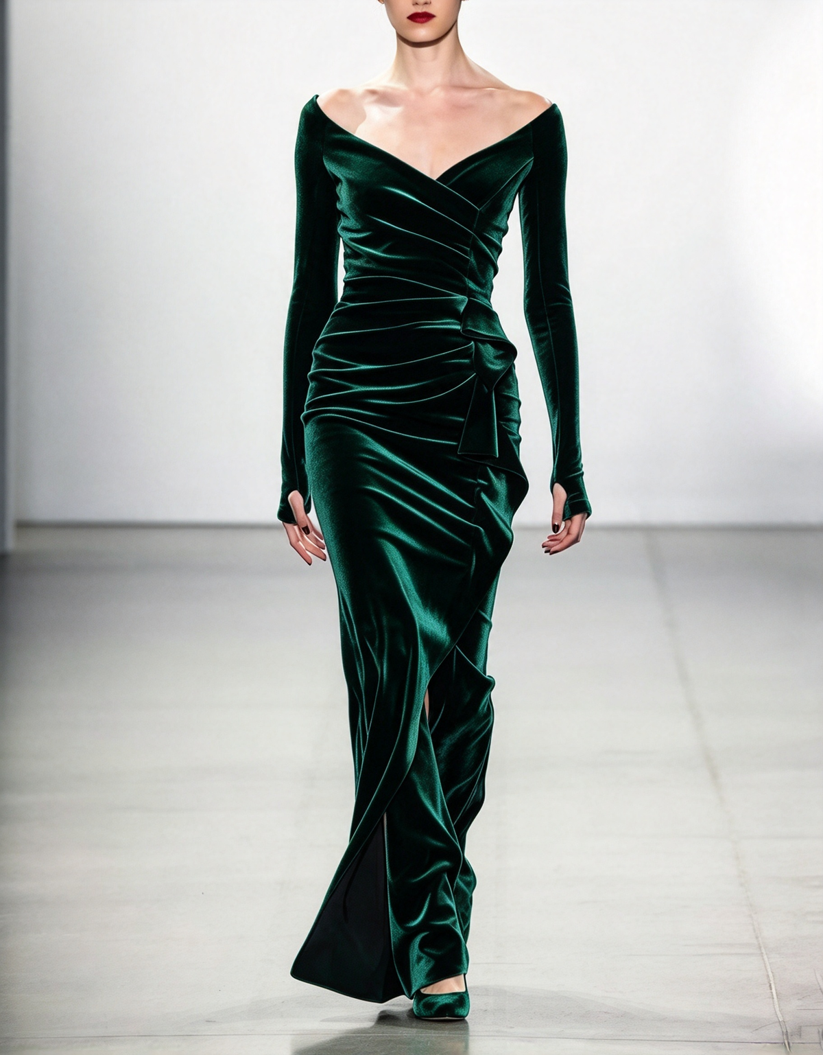 Vestido de noche largo de terciopelo con hombros descubiertos, mangas largas y corte sirena