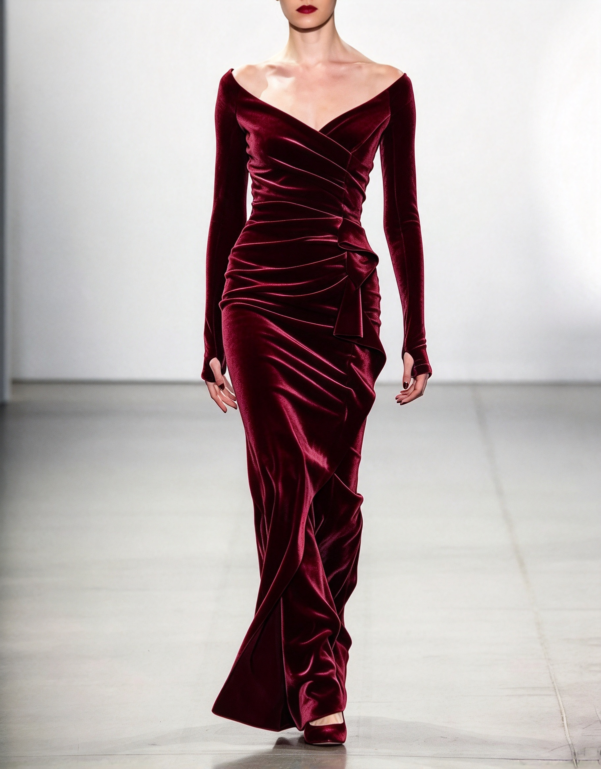 Vestido de noche largo de terciopelo con hombros descubiertos, mangas largas y corte sirena