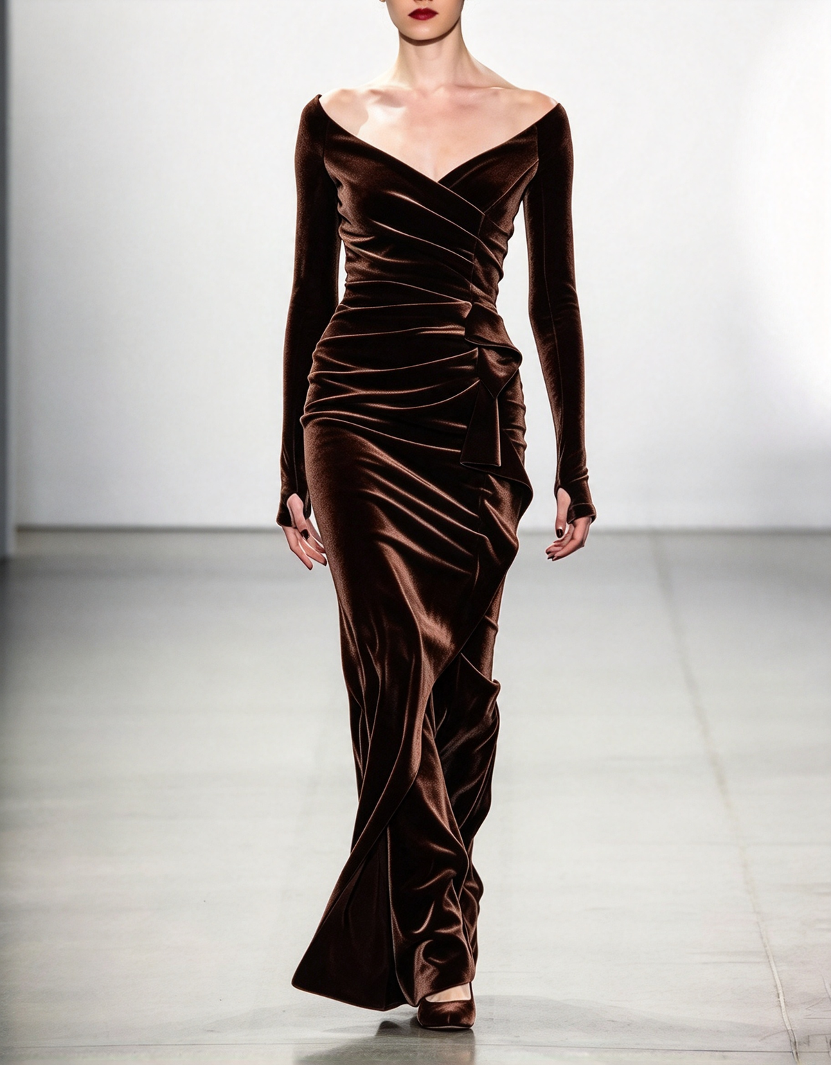 Vestido de noche largo de terciopelo con hombros descubiertos, mangas largas y corte sirena