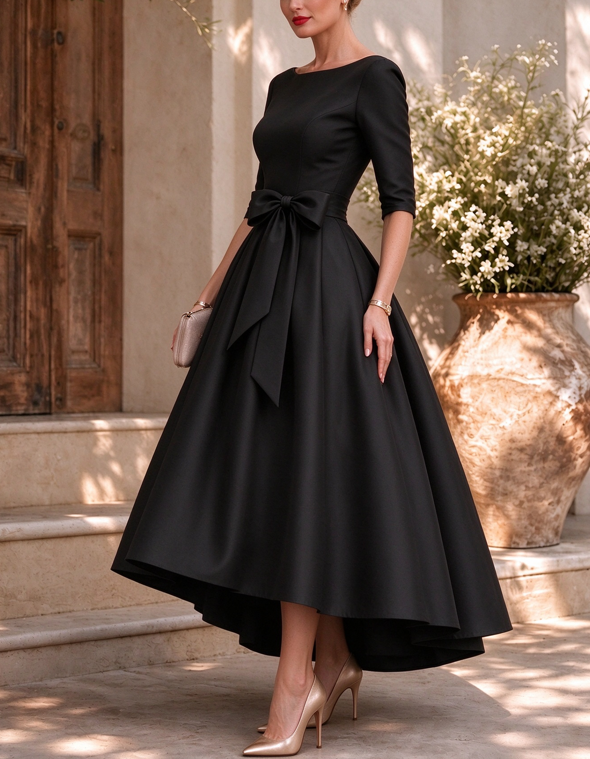 Vestido midi de satén línea A con cuello barco y mangas 3/4