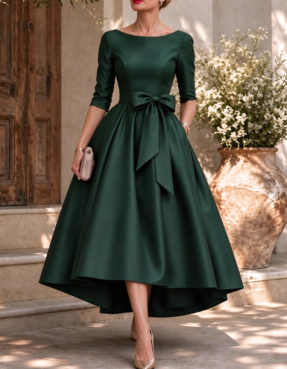 Vestido midi de satén línea A con cuello barco y mangas 3/4