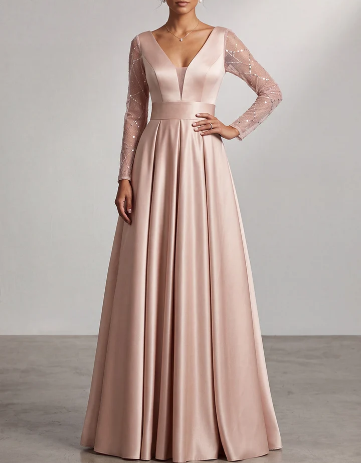 Rochie maxi de seară din satin, cu decolteu în V, mâneci lungi din tul și croială în A