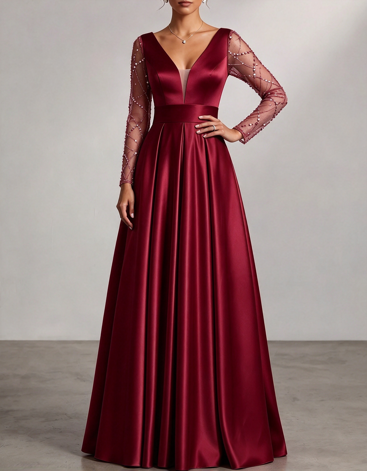 Rochie maxi de seară din satin, cu decolteu în V, mâneci lungi din tul și croială în A