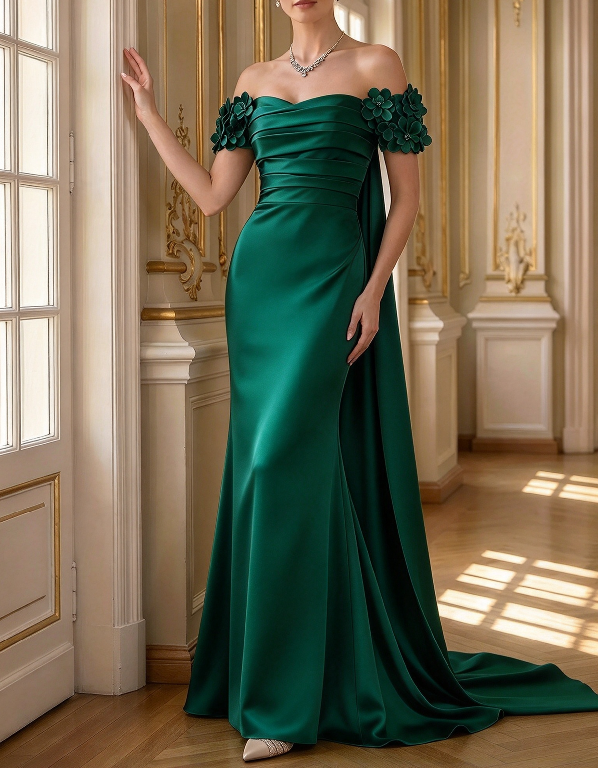 Off-the-Shoulder Satin 3D Floral Cape Train A-Line Maxi Dress