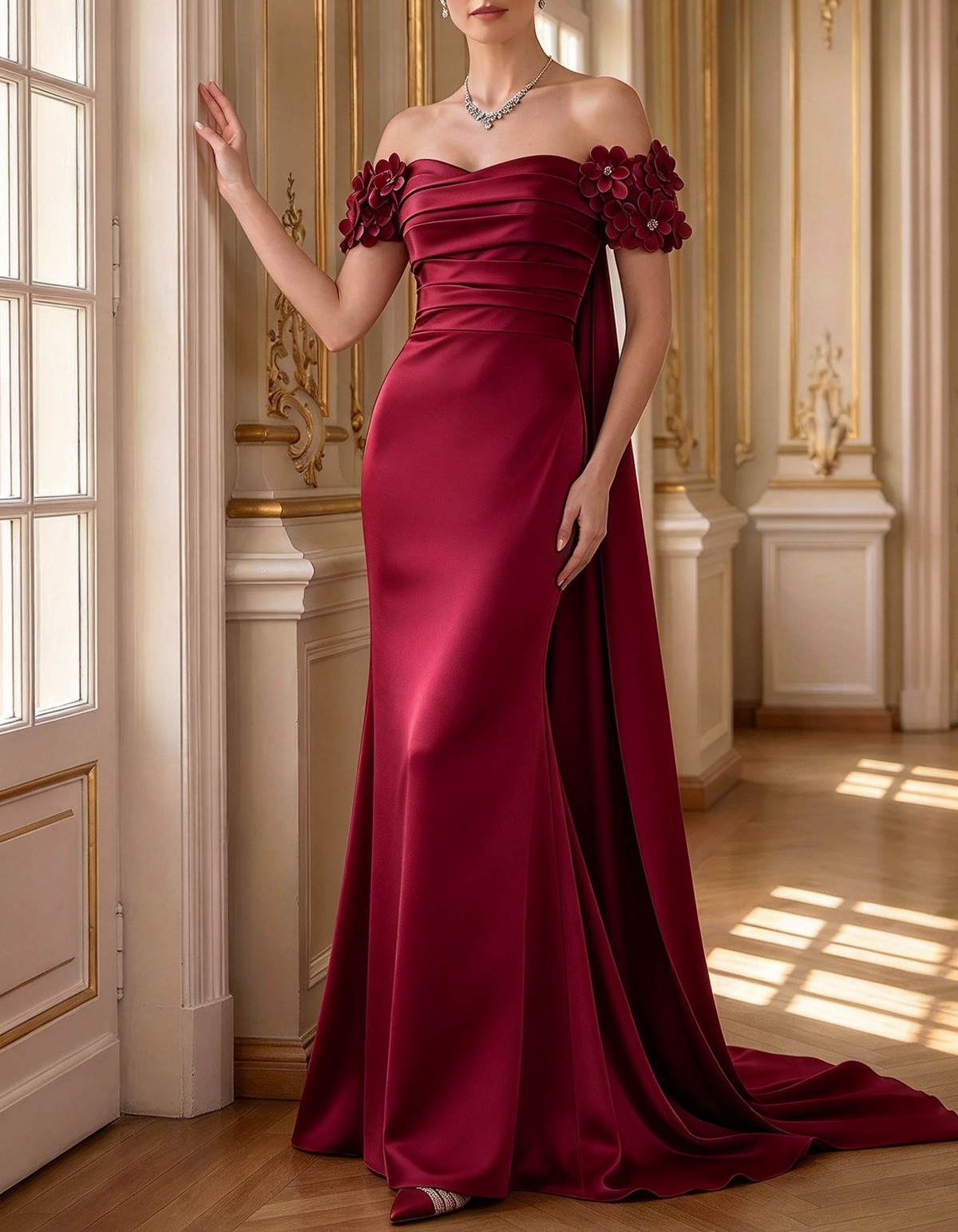 Off-the-Shoulder Satin 3D Floral Cape Train A-Line Maxi Dress