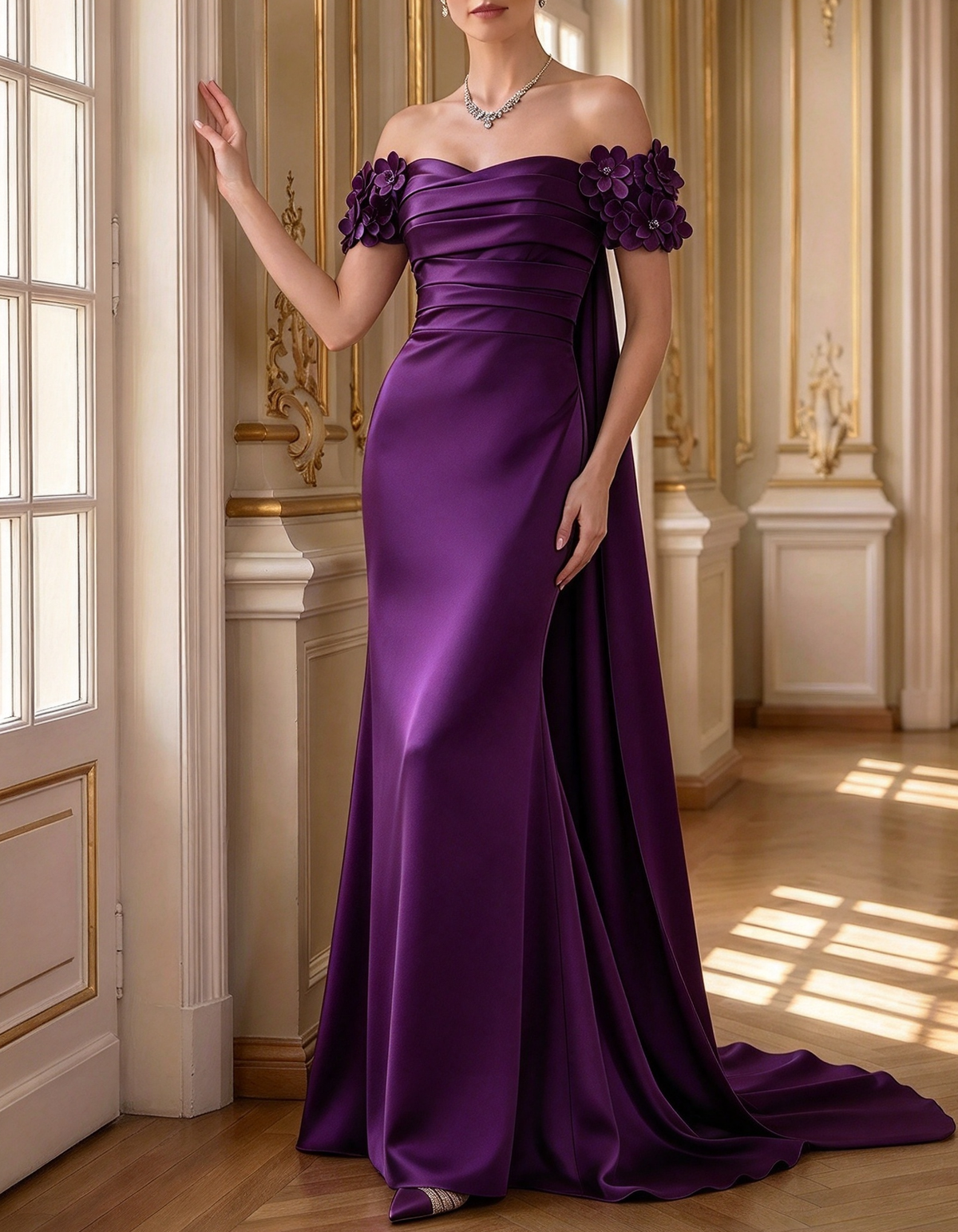 Off-the-Shoulder Satin 3D Floral Cape Train A-Line Maxi Dress
