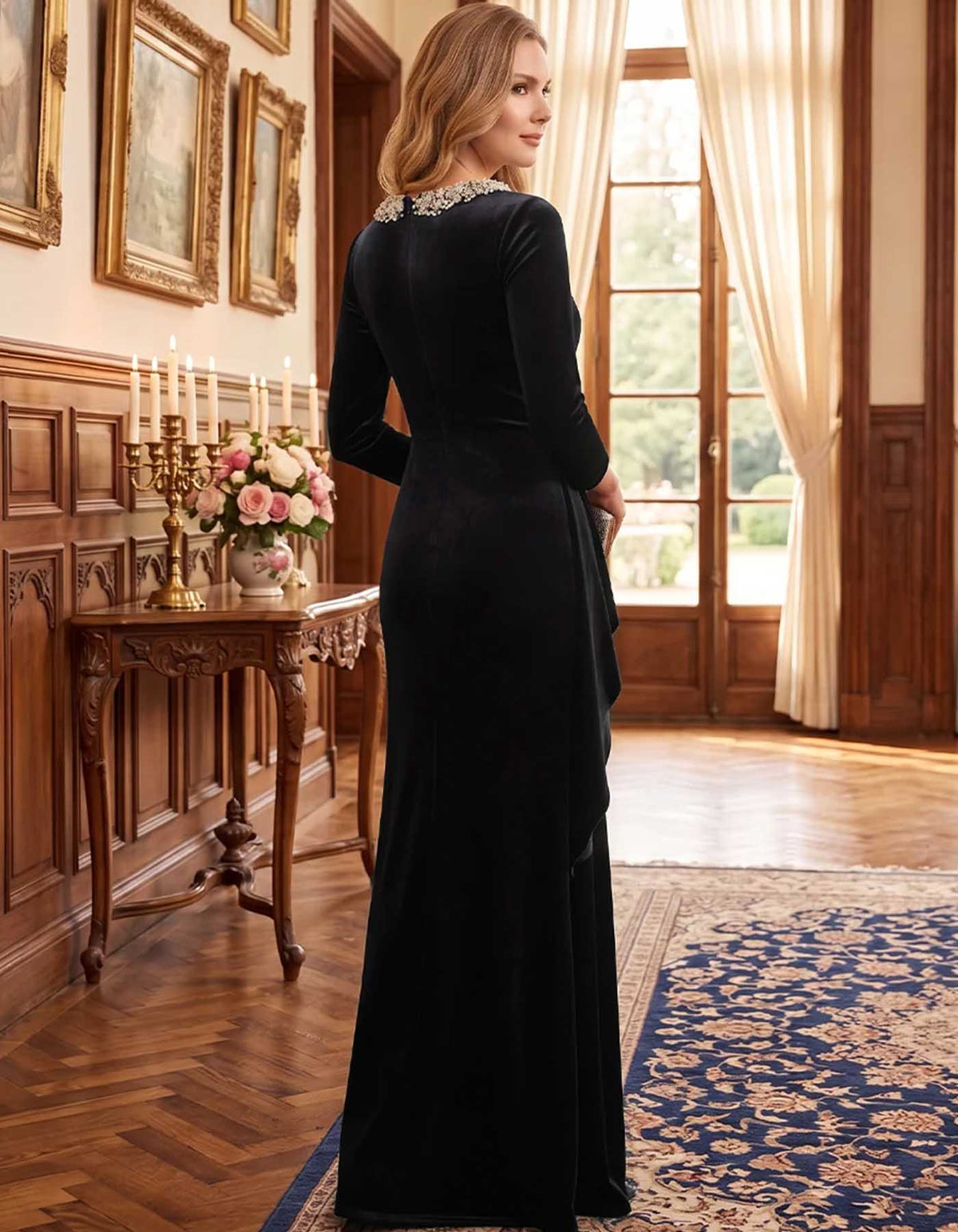 Vestido largo de terciopelo con escote adornado con lentejuelas, manga 3/4 y fruncido