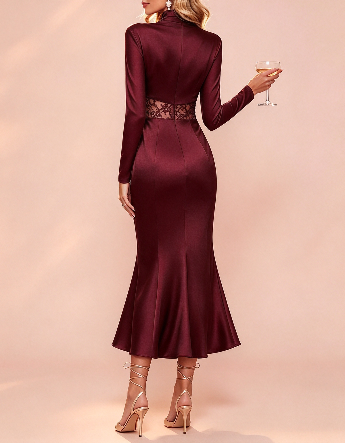 Robe de soirée midi sirène en satin et dentelle à manches longues et col montant