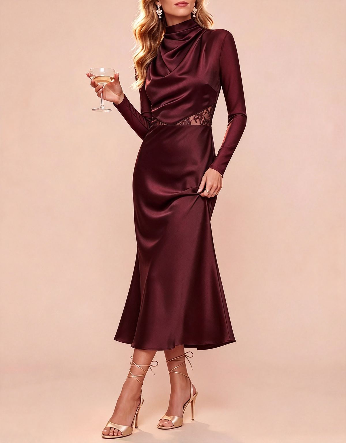 Robe de soirée midi sirène en satin et dentelle à manches longues et col montant