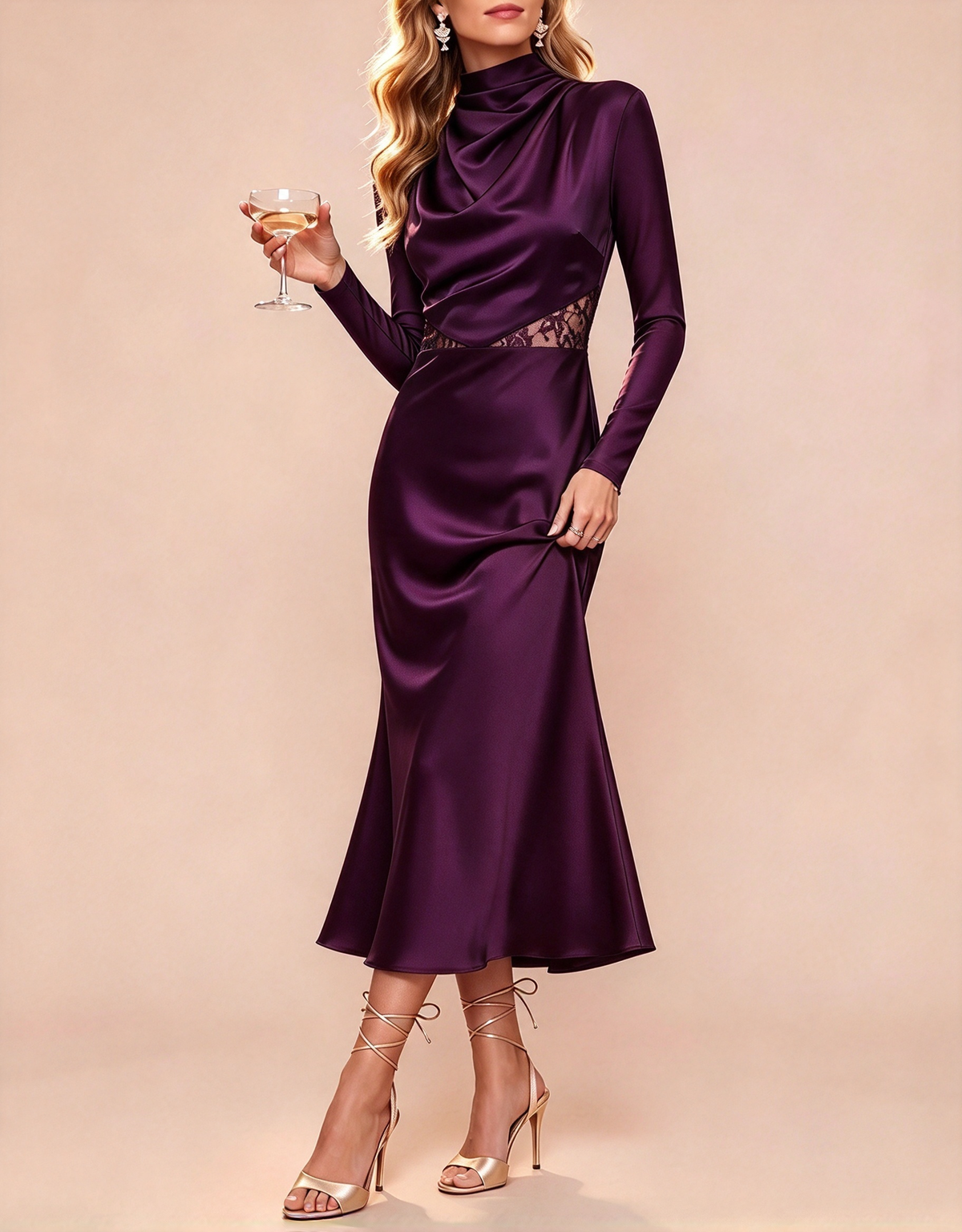 Robe de soirée midi sirène en satin et dentelle à manches longues et col montant