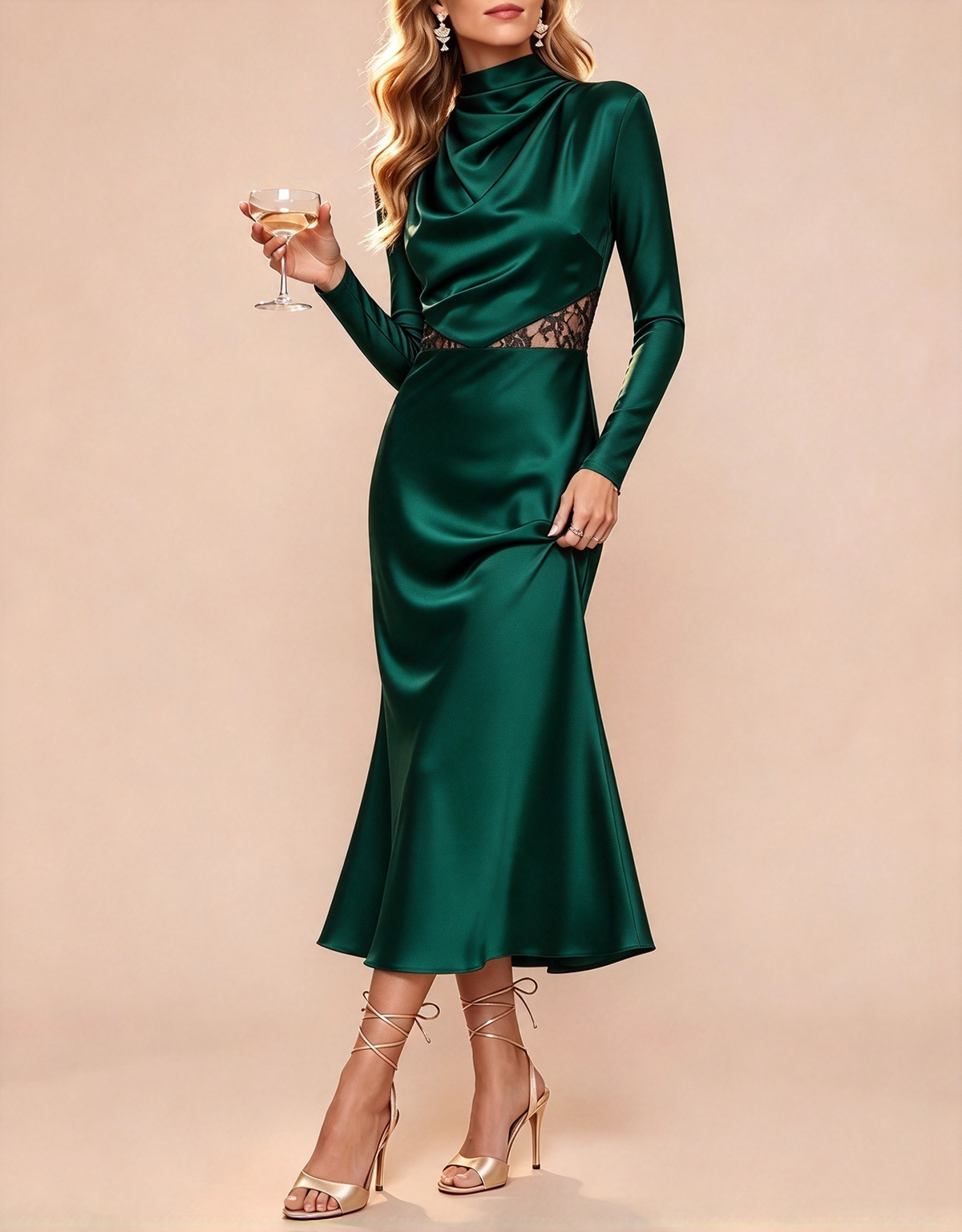 Robe de soirée midi sirène en satin et dentelle à manches longues et col montant