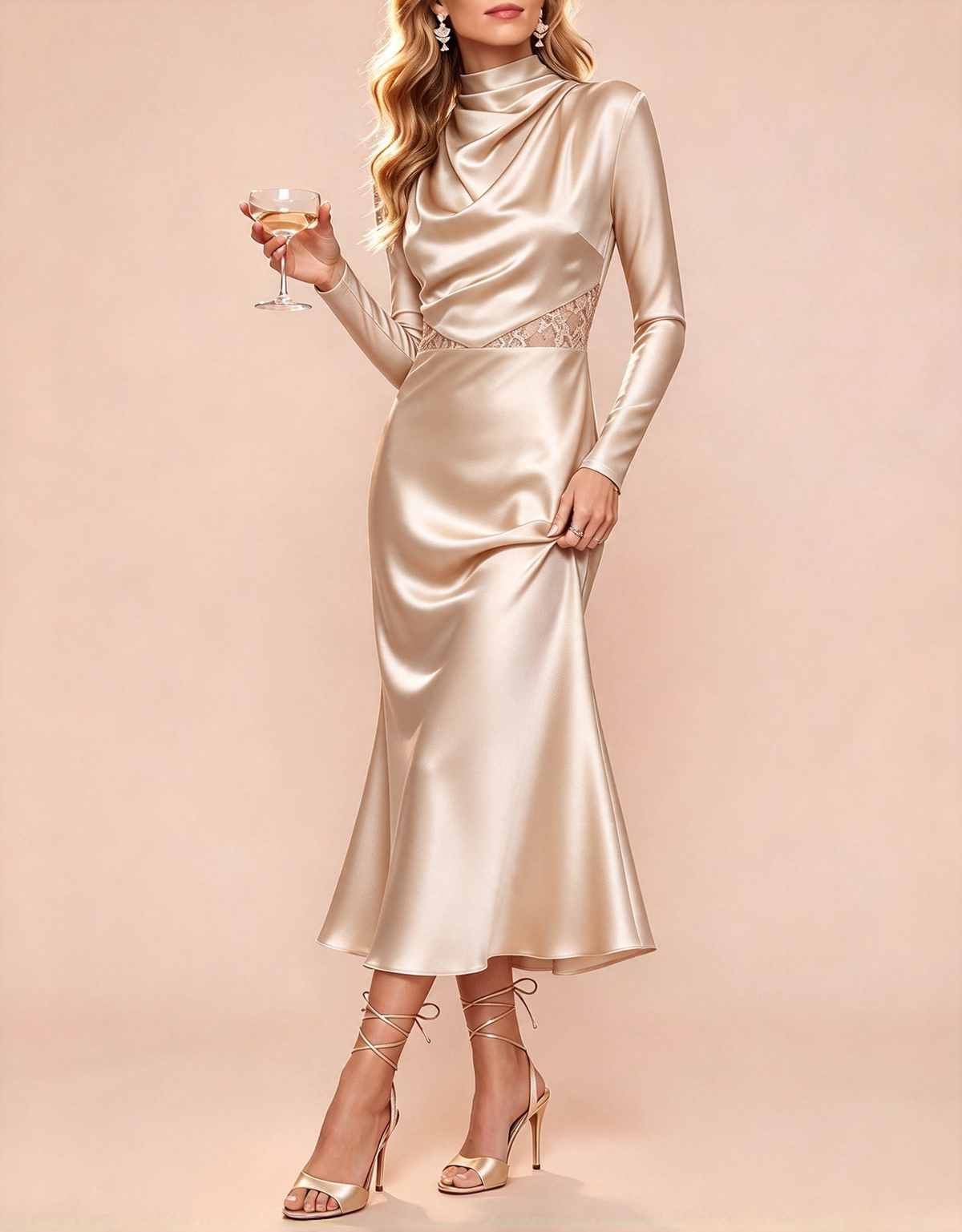 Robe de soirée midi sirène en satin et dentelle à manches longues et col montant