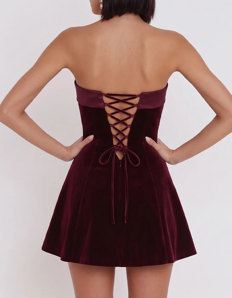 Strapless Satin Velvet Lace Up Back A-Line Mini Cocktail Dress