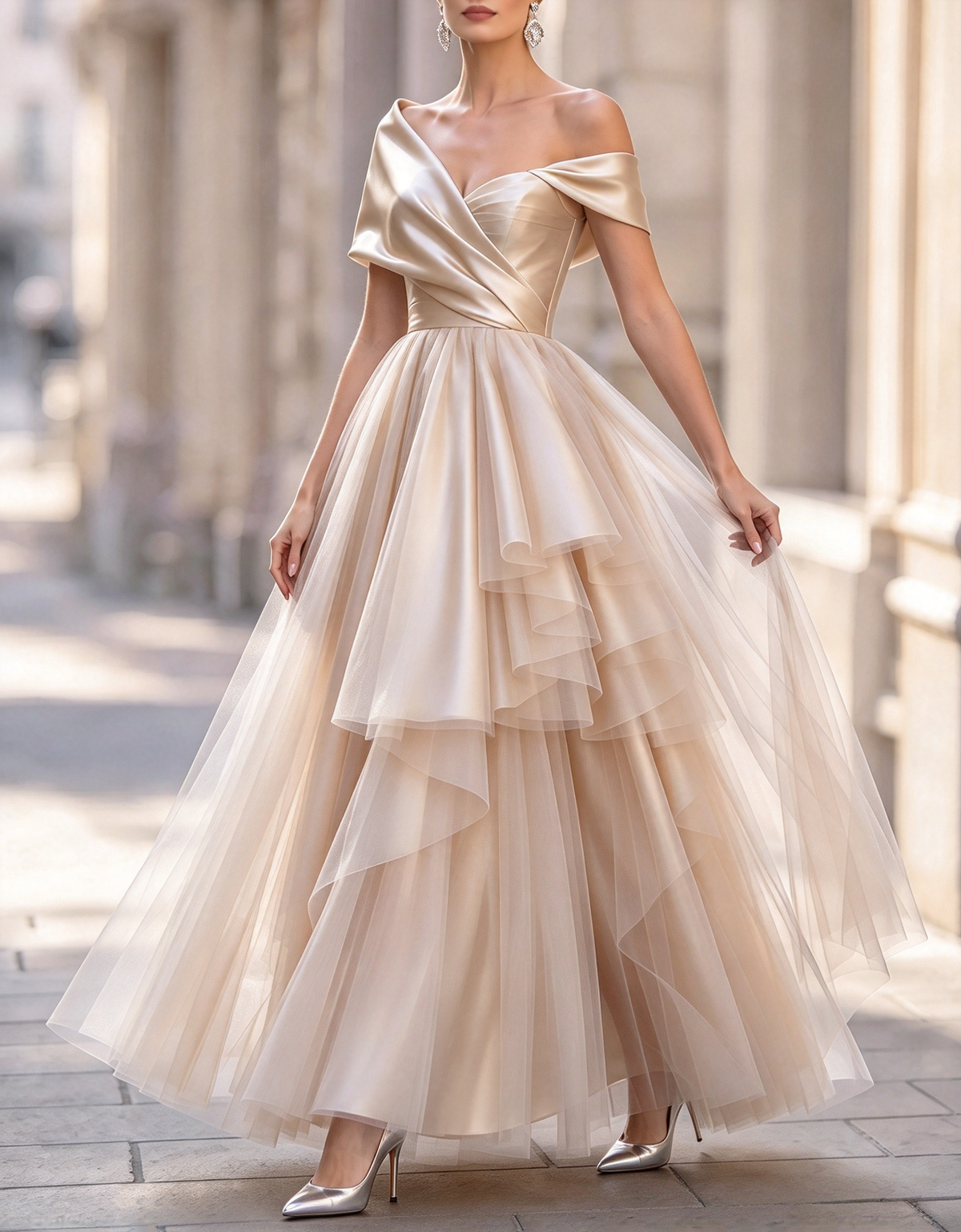 Abito da cerimonia lungo fino ai piedi, in raso e tulle a balze, linea ad A e scollo a barchetta, con spalle scoperte