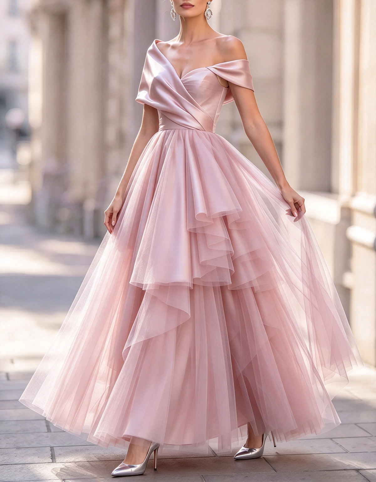 Abito da cerimonia lungo fino ai piedi, in raso e tulle a balze, linea ad A e scollo a barchetta, con spalle scoperte