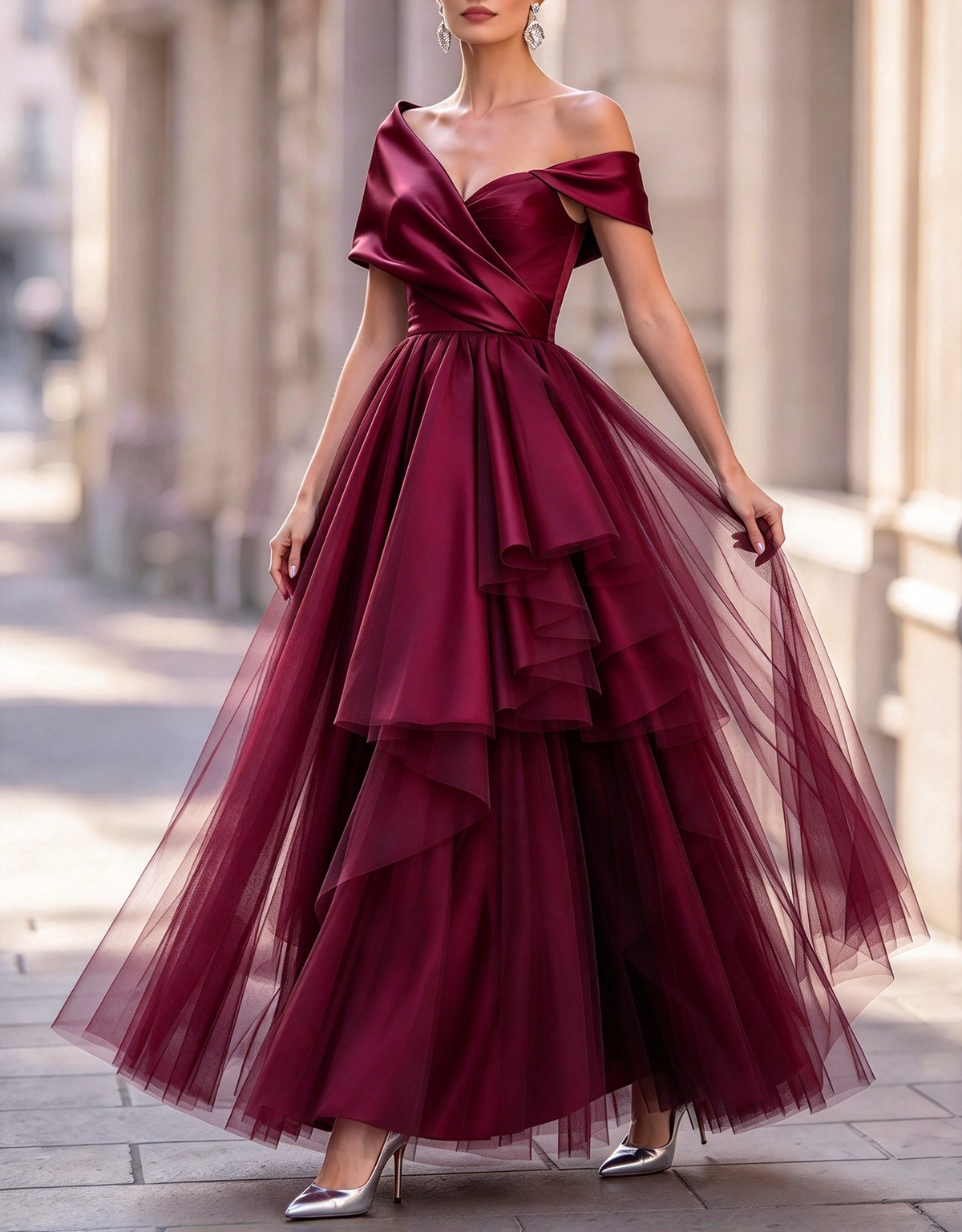 Abito da cerimonia lungo fino ai piedi, in raso e tulle a balze, linea ad A e scollo a barchetta, con spalle scoperte