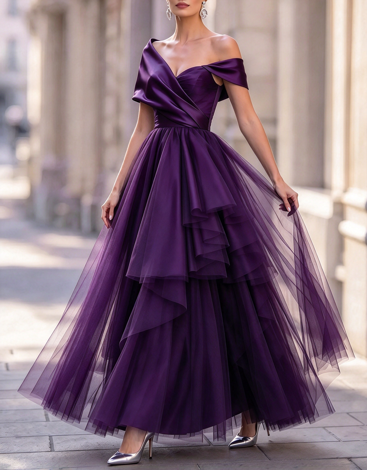 Abito da cerimonia lungo fino ai piedi, in raso e tulle a balze, linea ad A e scollo a barchetta, con spalle scoperte