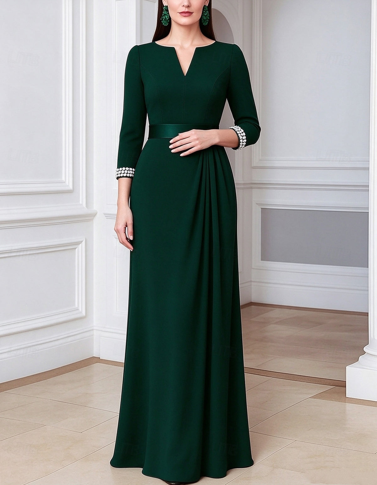 Vestido comprido de cor lisa, decote em V e manga a três quartos