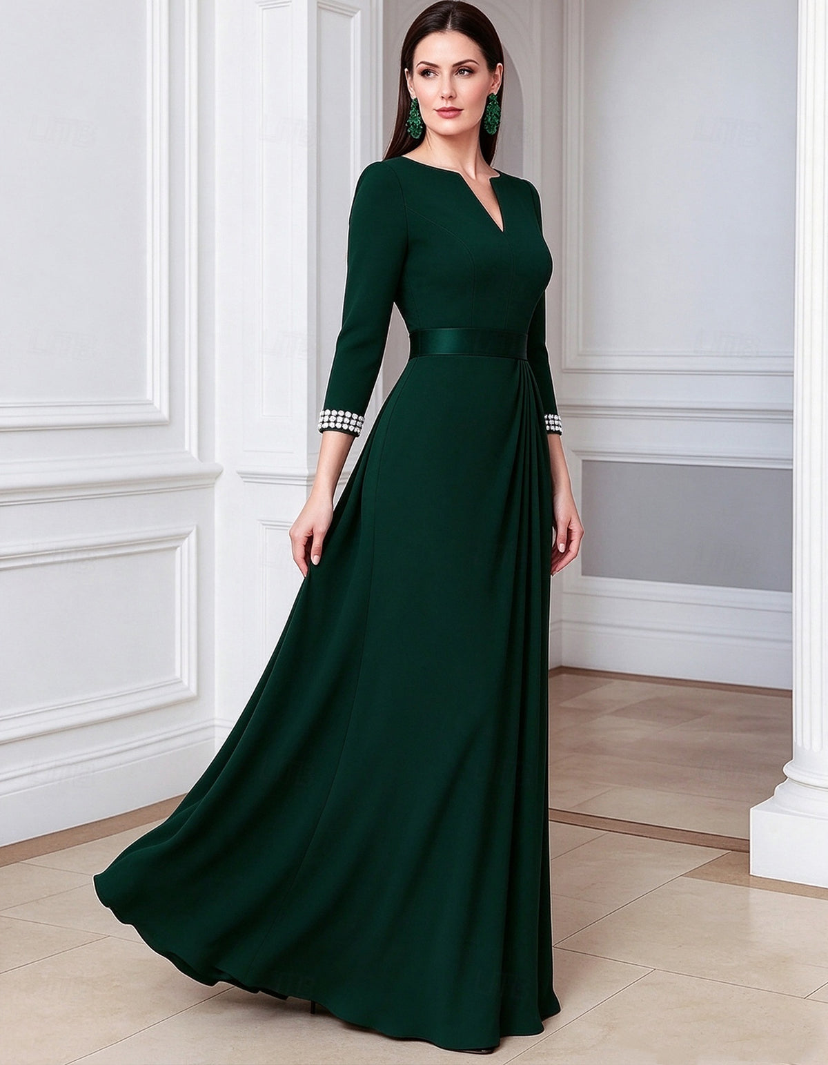 Vestido comprido de cor lisa, decote em V e manga a três quartos