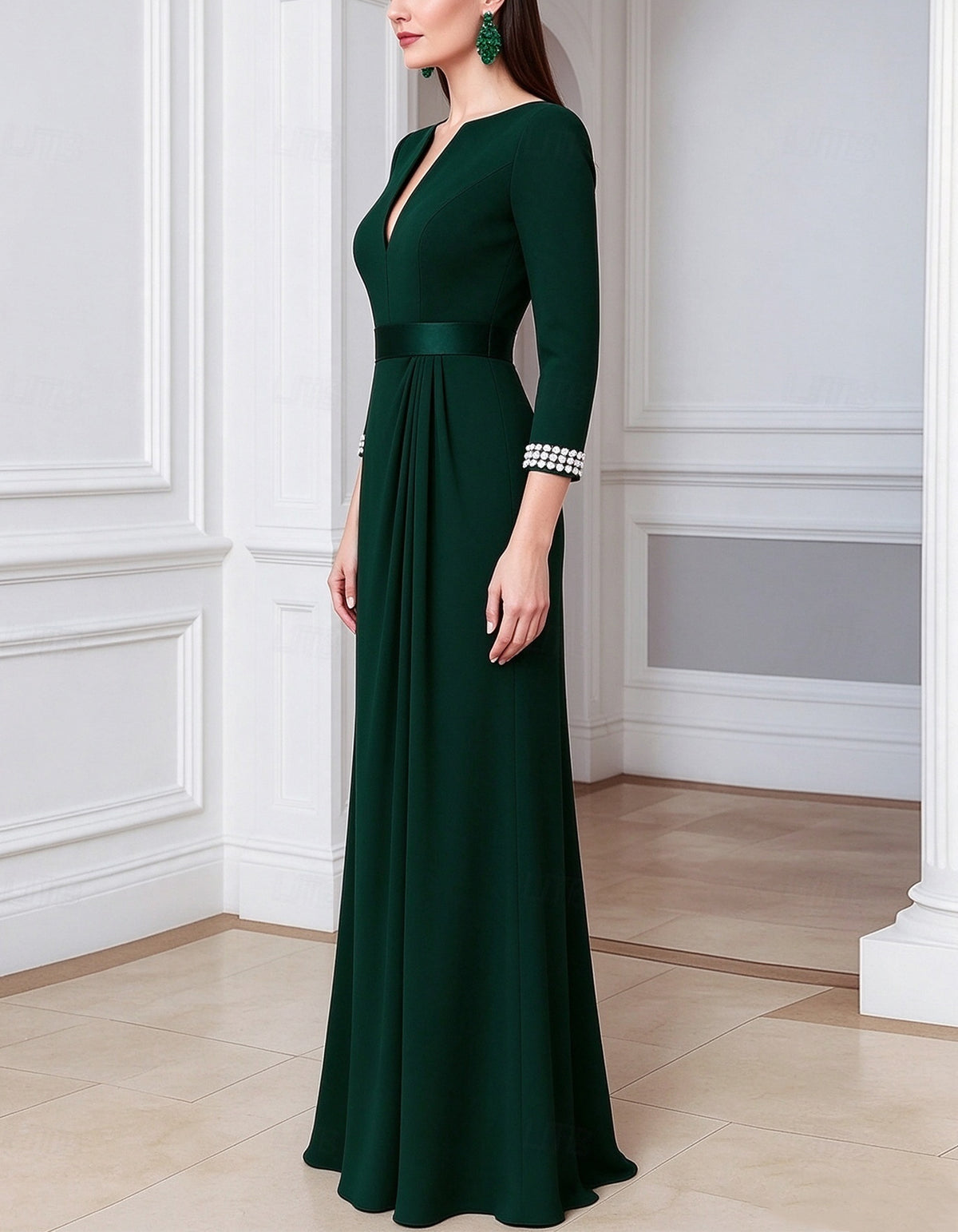 Vestido comprido de cor lisa, decote em V e manga a três quartos