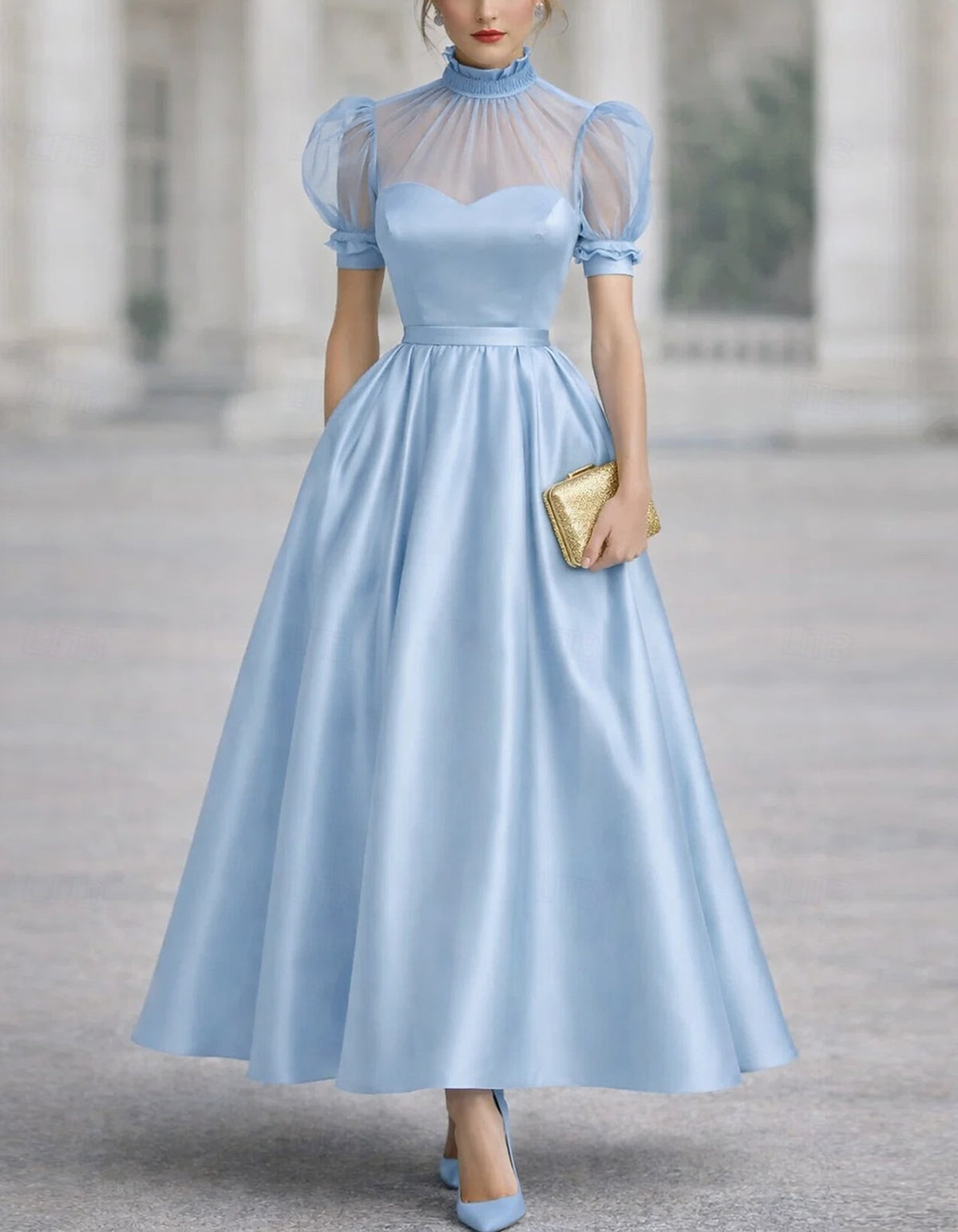 Vestido midi de cor lisa, em cetim e malha transparente