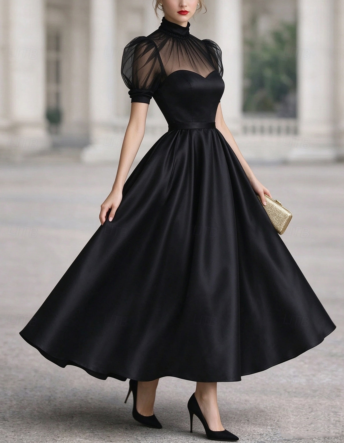 Vestido midi de cor lisa, em cetim e malha transparente