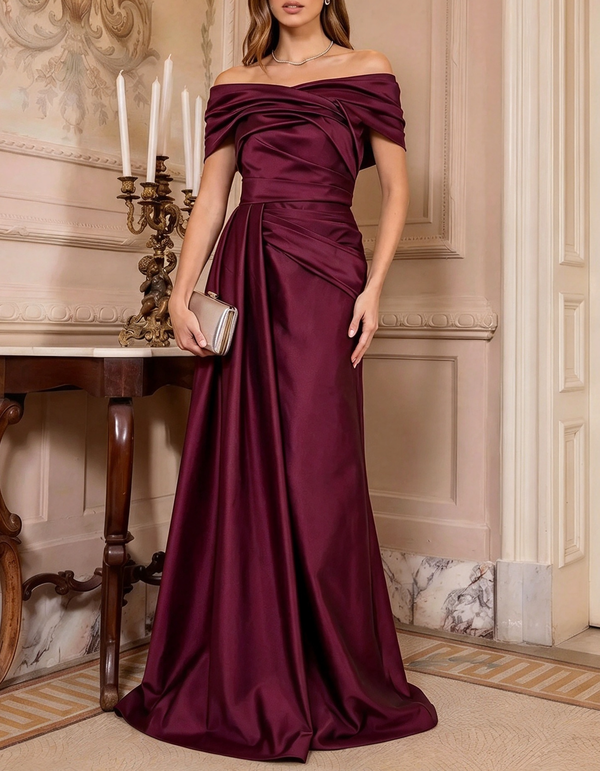 Rochie maxi lungă de seară în linie A, din satin încrețit, cu umerii goi
