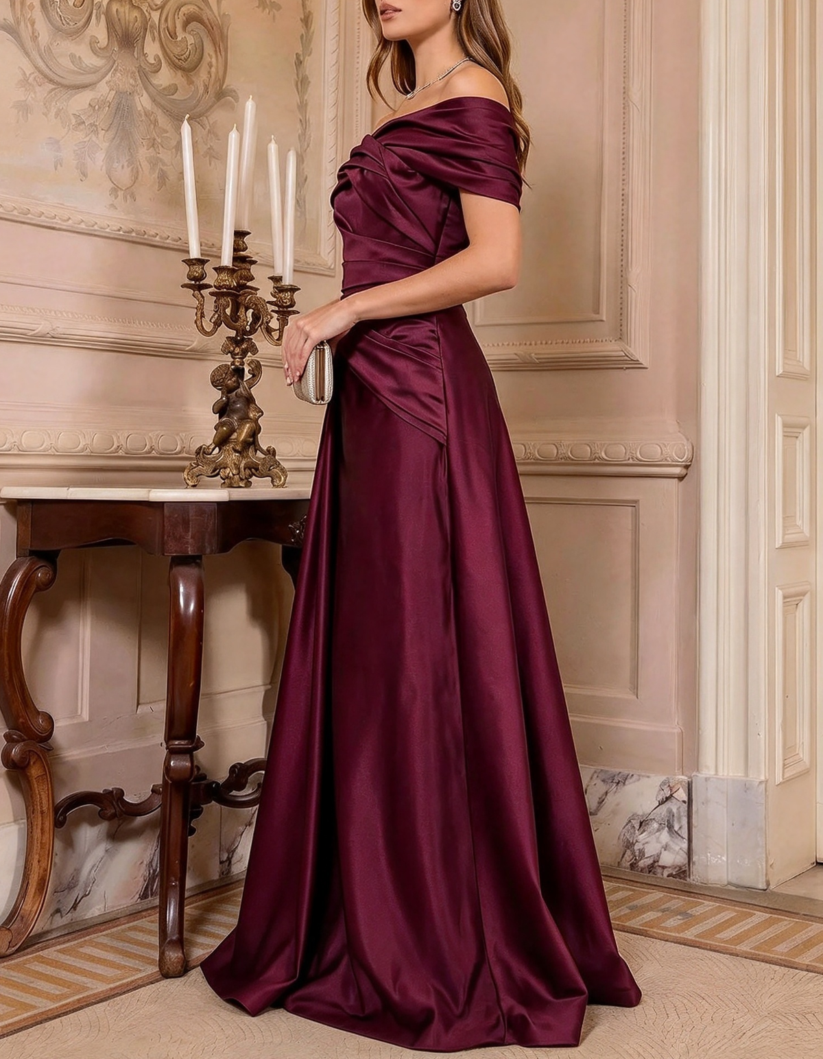 Rochie maxi lungă de seară în linie A, din satin încrețit, cu umerii goi