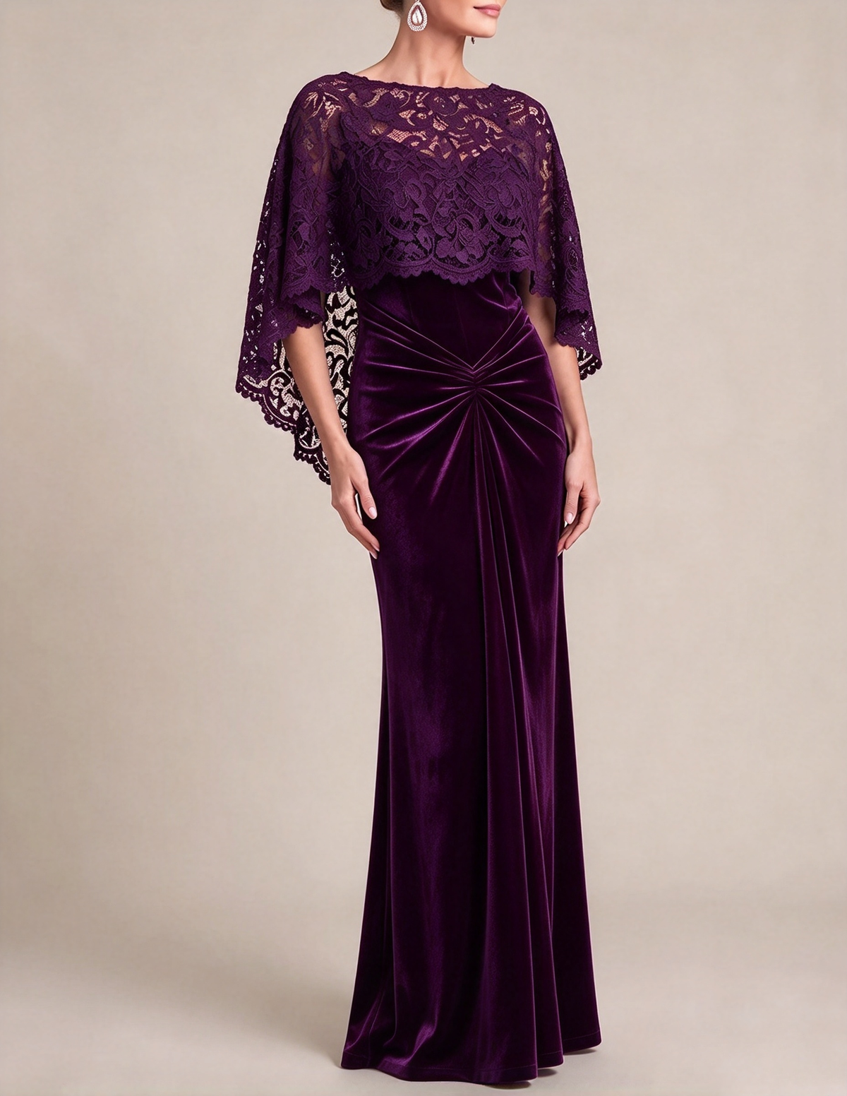 Robe longue sirène en velours avec capelet en dentelle et col rond