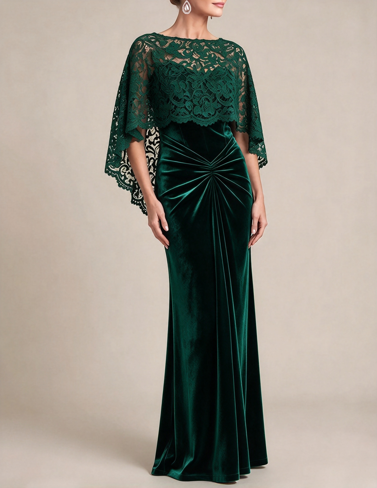 Robe longue sirène en velours avec capelet en dentelle et col rond