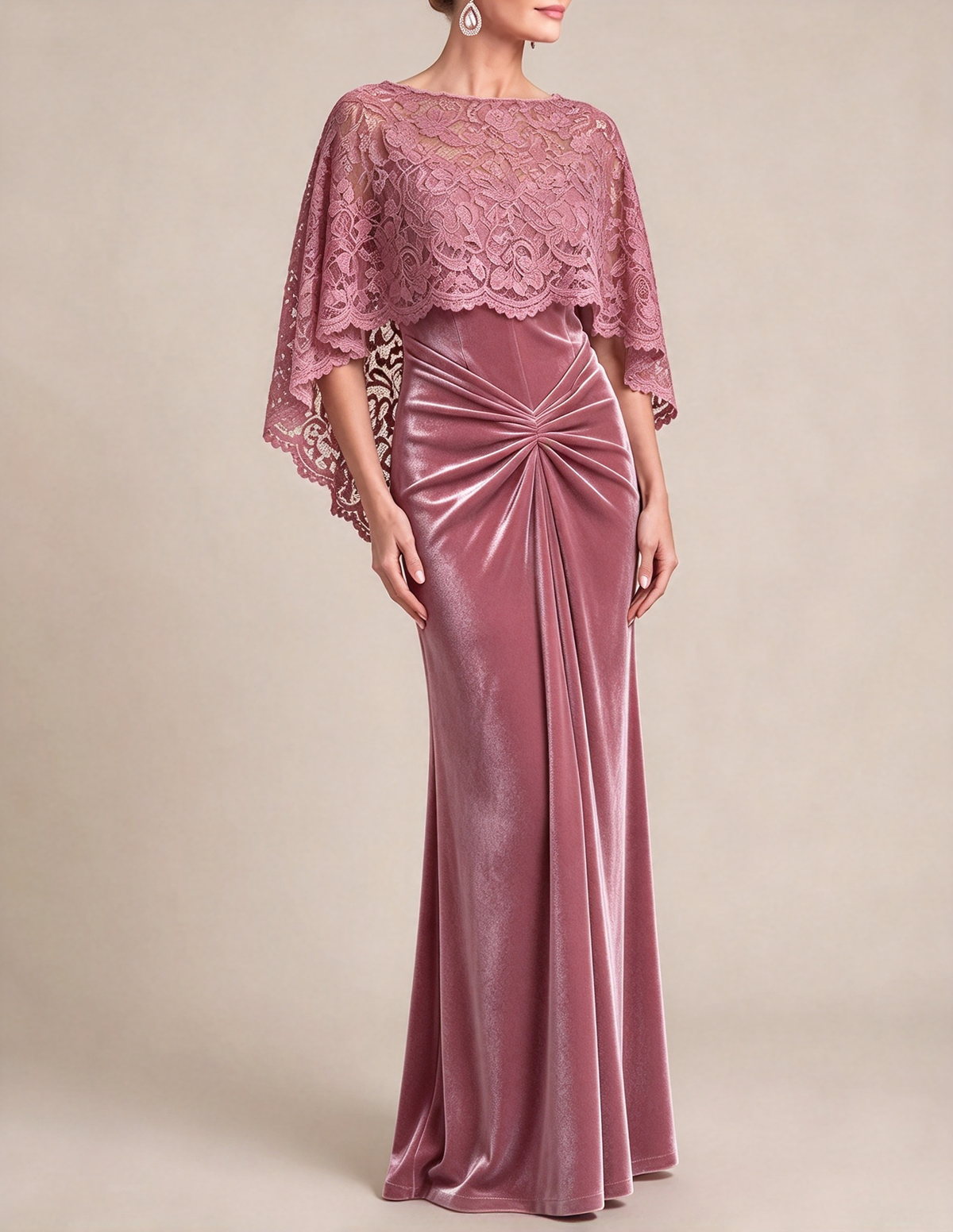 Robe longue sirène en velours avec capelet en dentelle et col rond
